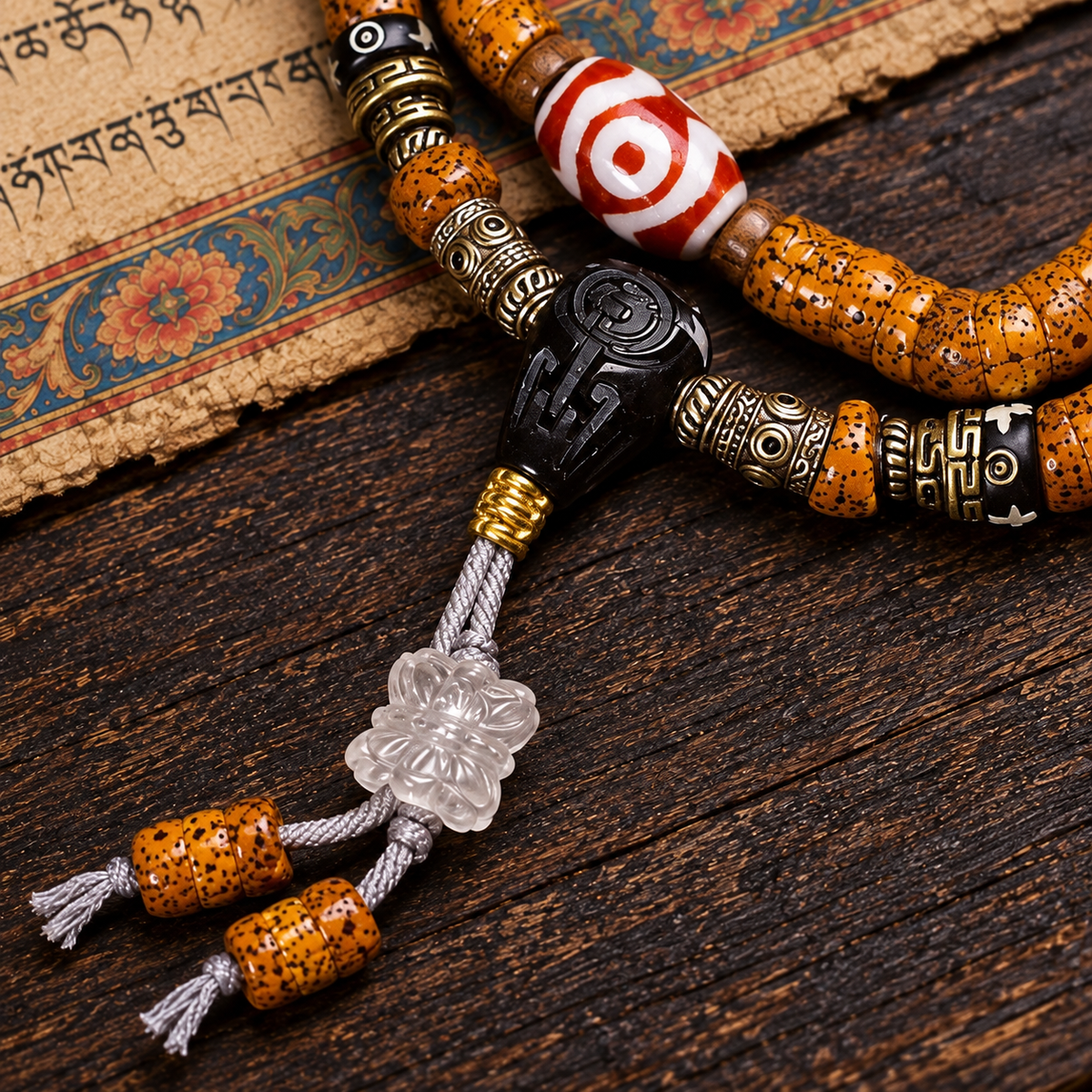 EverestArtstudios Natural Xingyue Bodhi Disc-Bead 108-Bead Mala with Agate and Dzi Accents — connection detail
