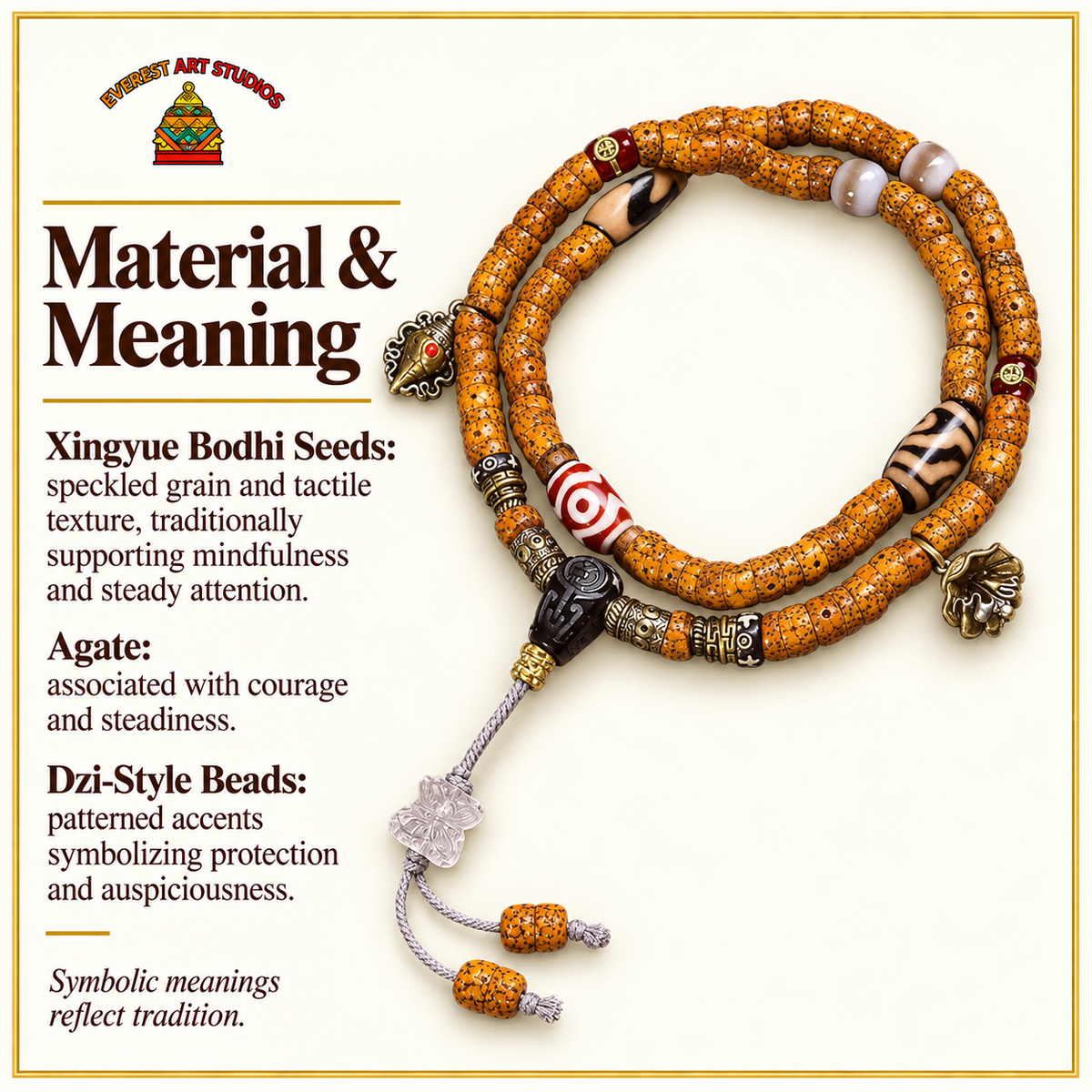EverestArtstudios Natural Xingyue Bodhi Disc-Bead 108-Bead Mala with Agate and Dzi Accents — materials meaning