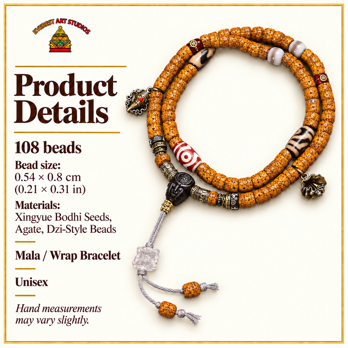 EverestArtstudios Natural Xingyue Bodhi Disc-Bead 108-Bead Mala with Agate and Dzi Accents — specifications