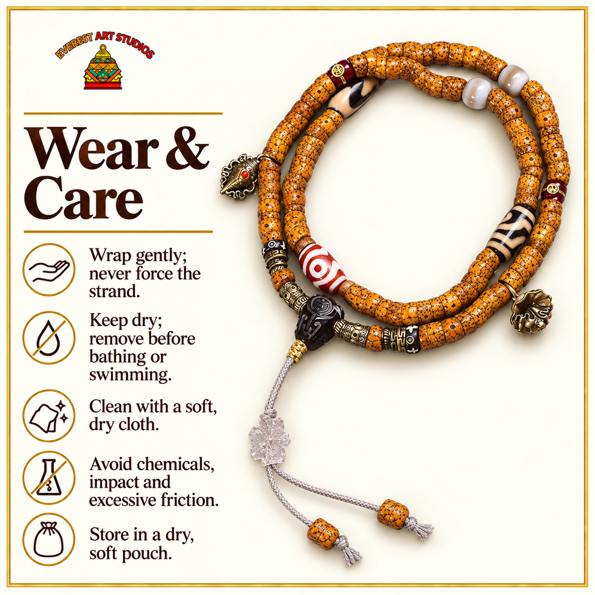 EverestArtstudios Natural Xingyue Bodhi Disc-Bead 108-Bead Mala with Agate and Dzi Accents — care