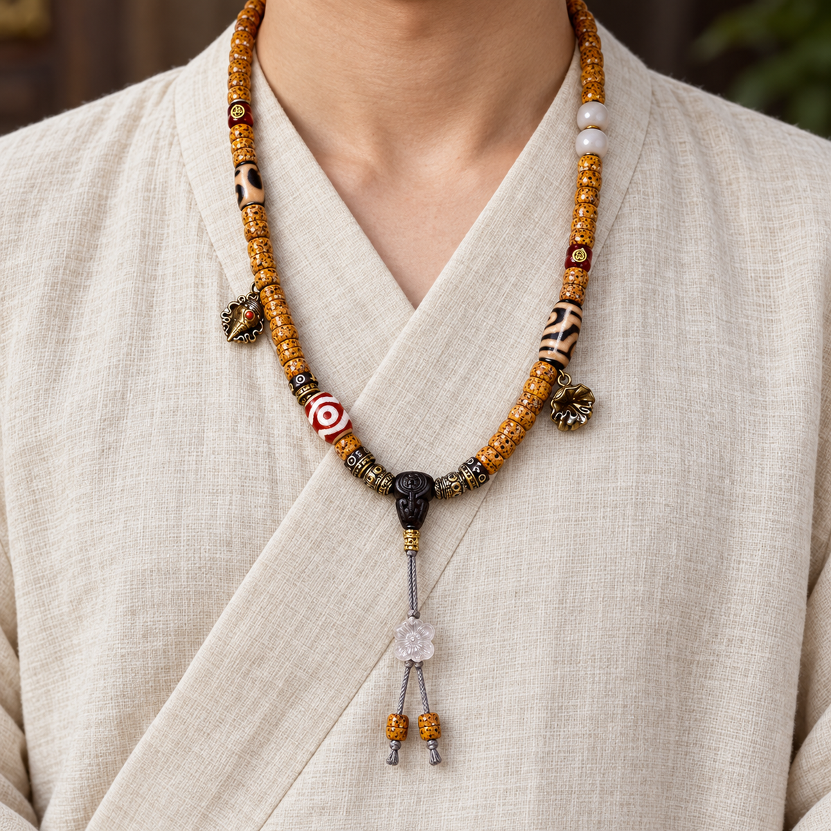 EverestArtstudios Natural Xingyue Bodhi Disc-Bead 108-Bead Mala with Agate and Dzi Accents — linen front