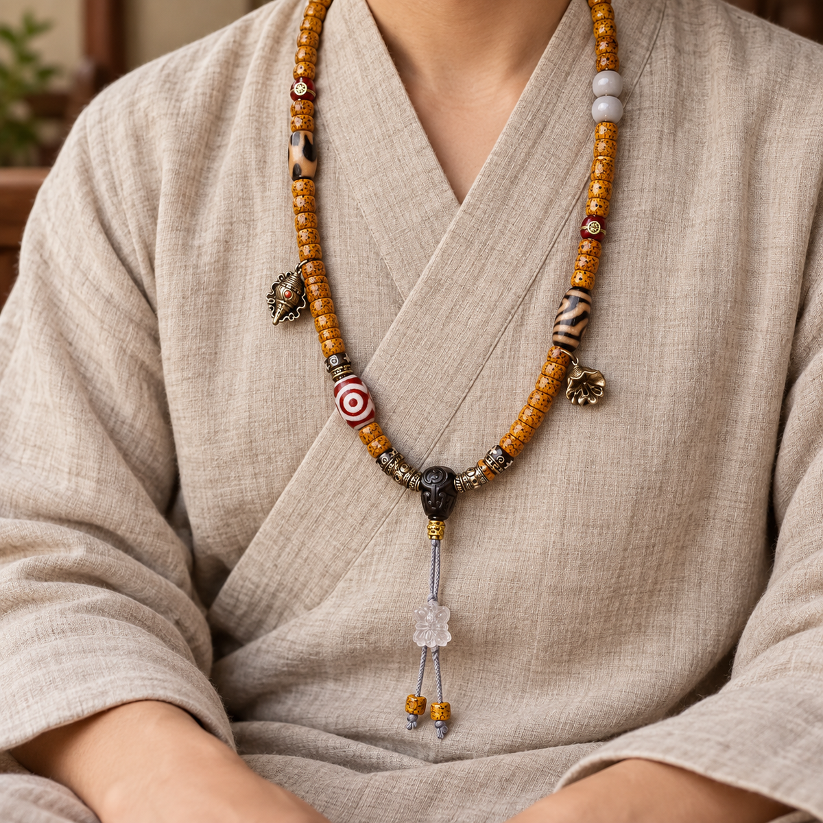 EverestArtstudios Natural Xingyue Bodhi Disc-Bead 108-Bead Mala with Agate and Dzi Accents — linen seated