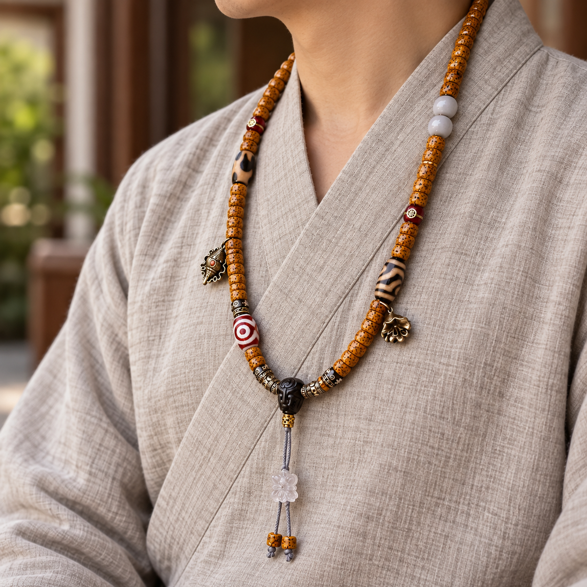 EverestArtstudios Natural Xingyue Bodhi Disc-Bead 108-Bead Mala with Agate and Dzi Accents — linen side