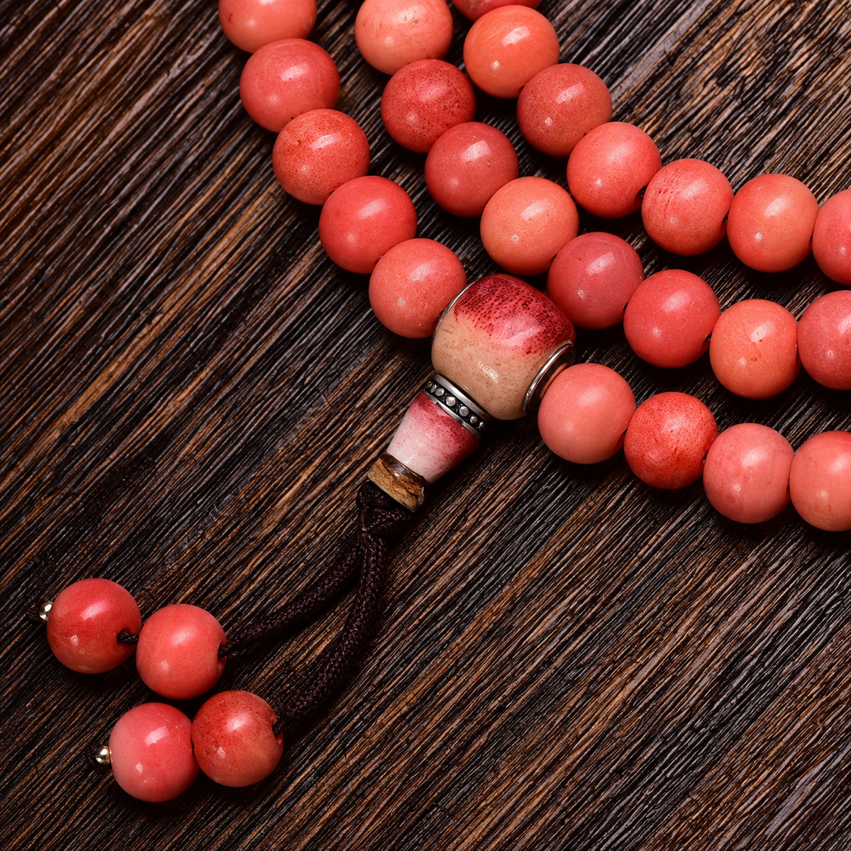 EverestArtstudios Natural Full-Blood Camel Bone 108-Bead Mala with Glass and Bone Guru Bead — connection detail