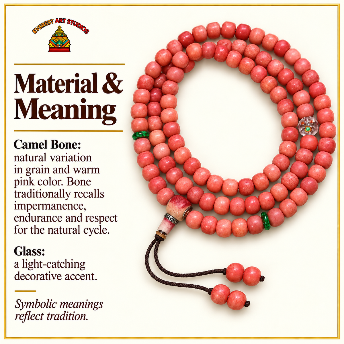 EverestArtstudios Natural Full-Blood Camel Bone 108-Bead Mala with Glass and Bone Guru Bead — materials meaning