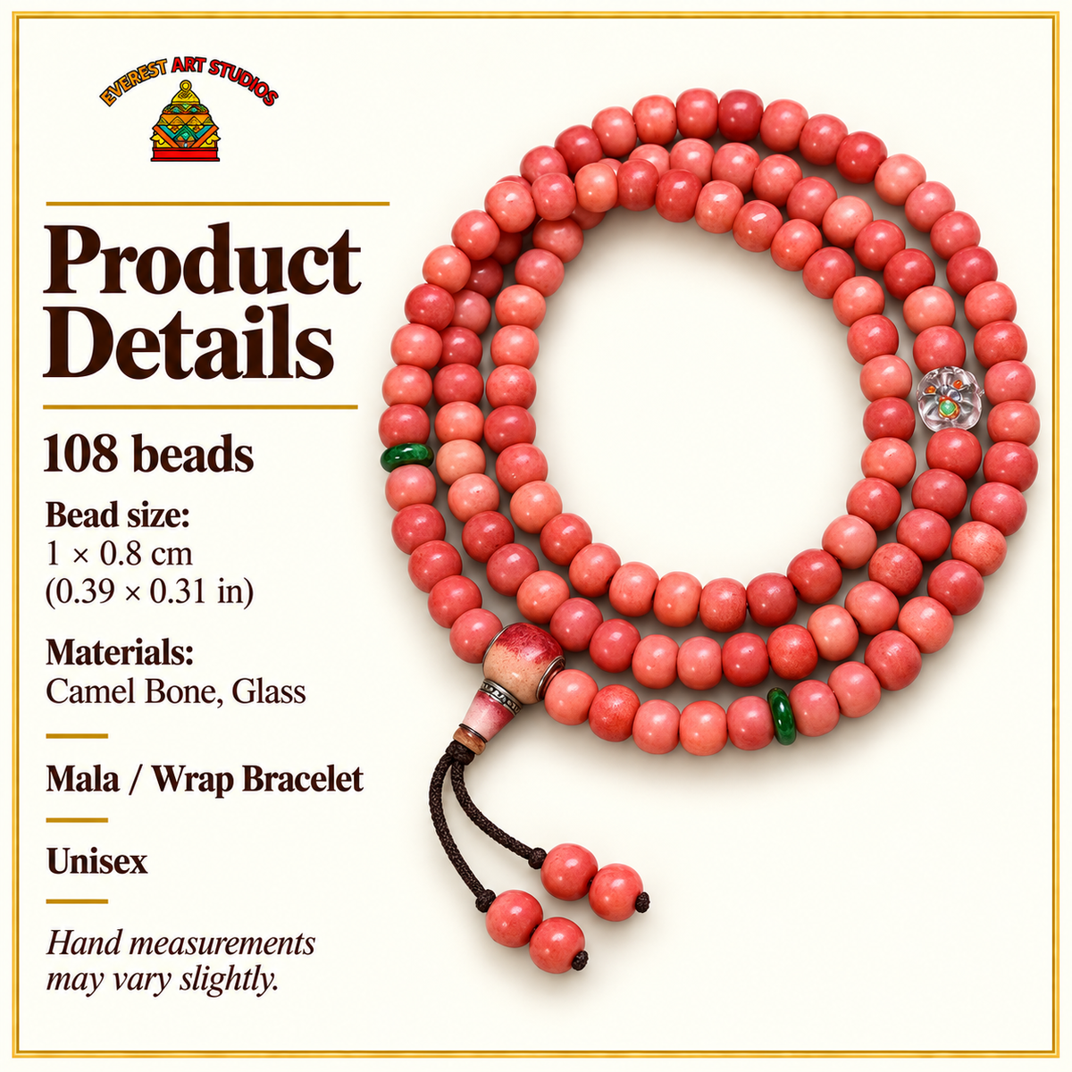 EverestArtstudios Natural Full-Blood Camel Bone 108-Bead Mala with Glass and Bone Guru Bead — specifications