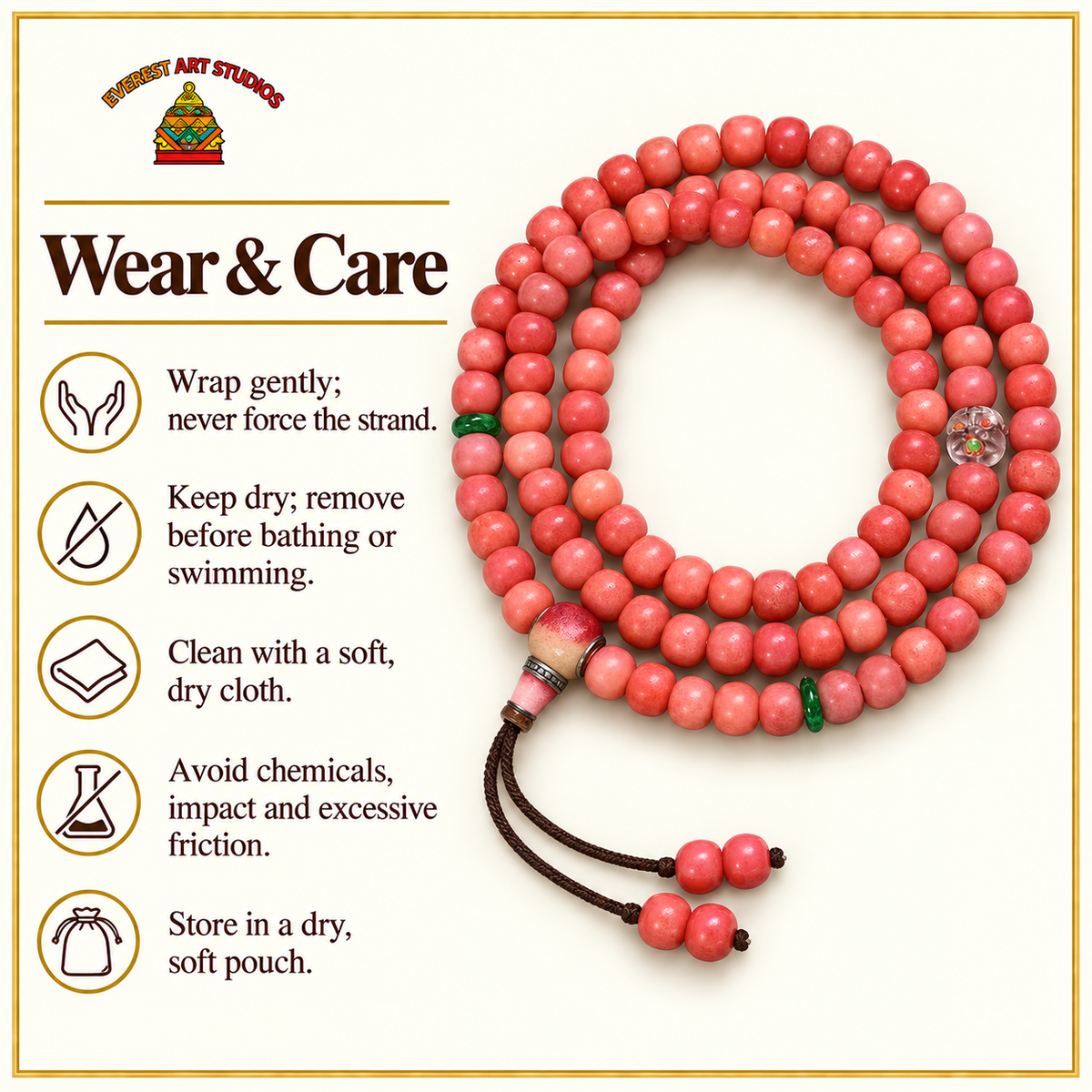 EverestArtstudios Natural Full-Blood Camel Bone 108-Bead Mala with Glass and Bone Guru Bead — care