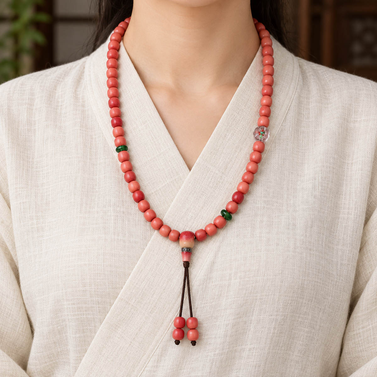 EverestArtstudios Natural Full-Blood Camel Bone 108-Bead Mala with Glass and Bone Guru Bead — linen front