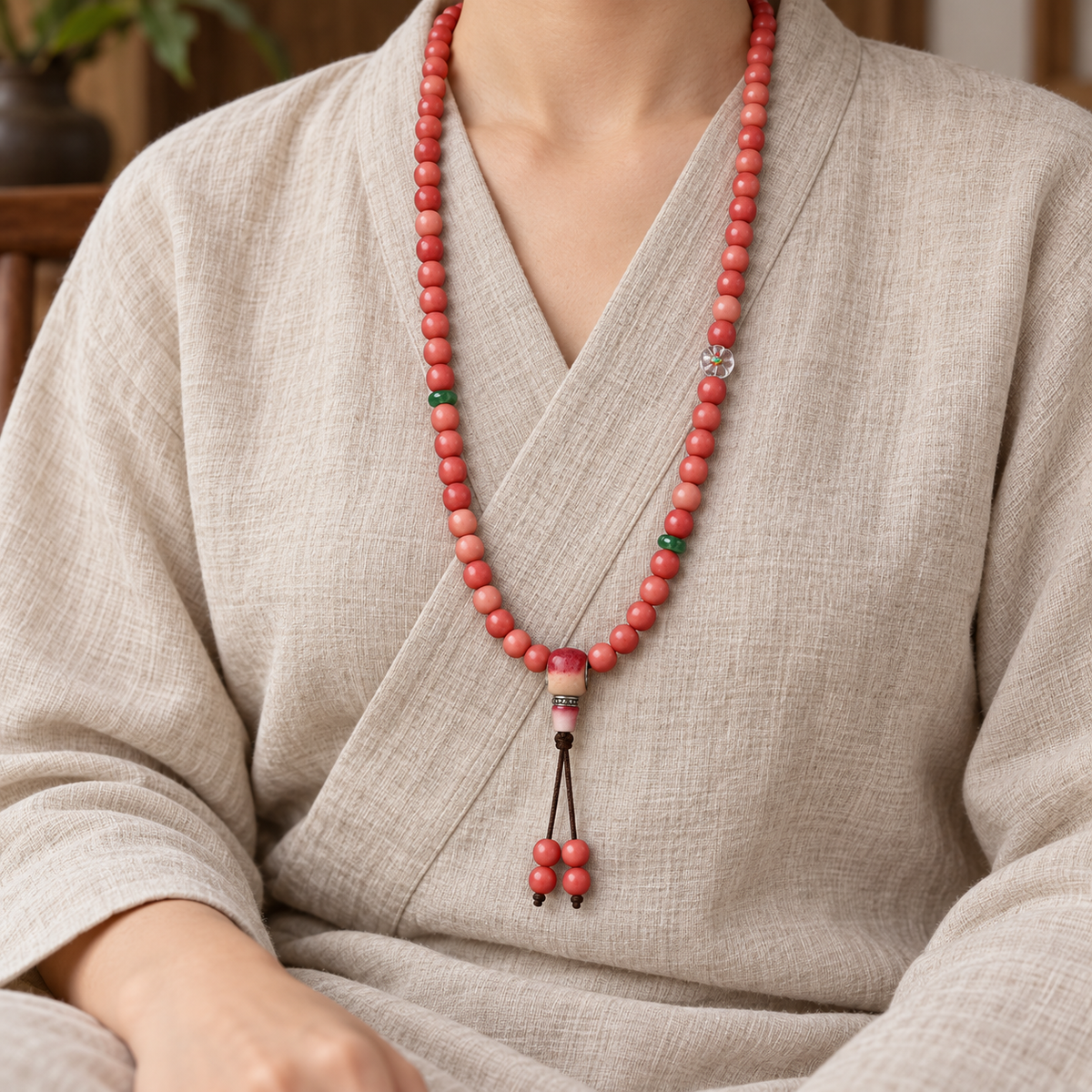 EverestArtstudios Natural Full-Blood Camel Bone 108-Bead Mala with Glass and Bone Guru Bead — linen seated