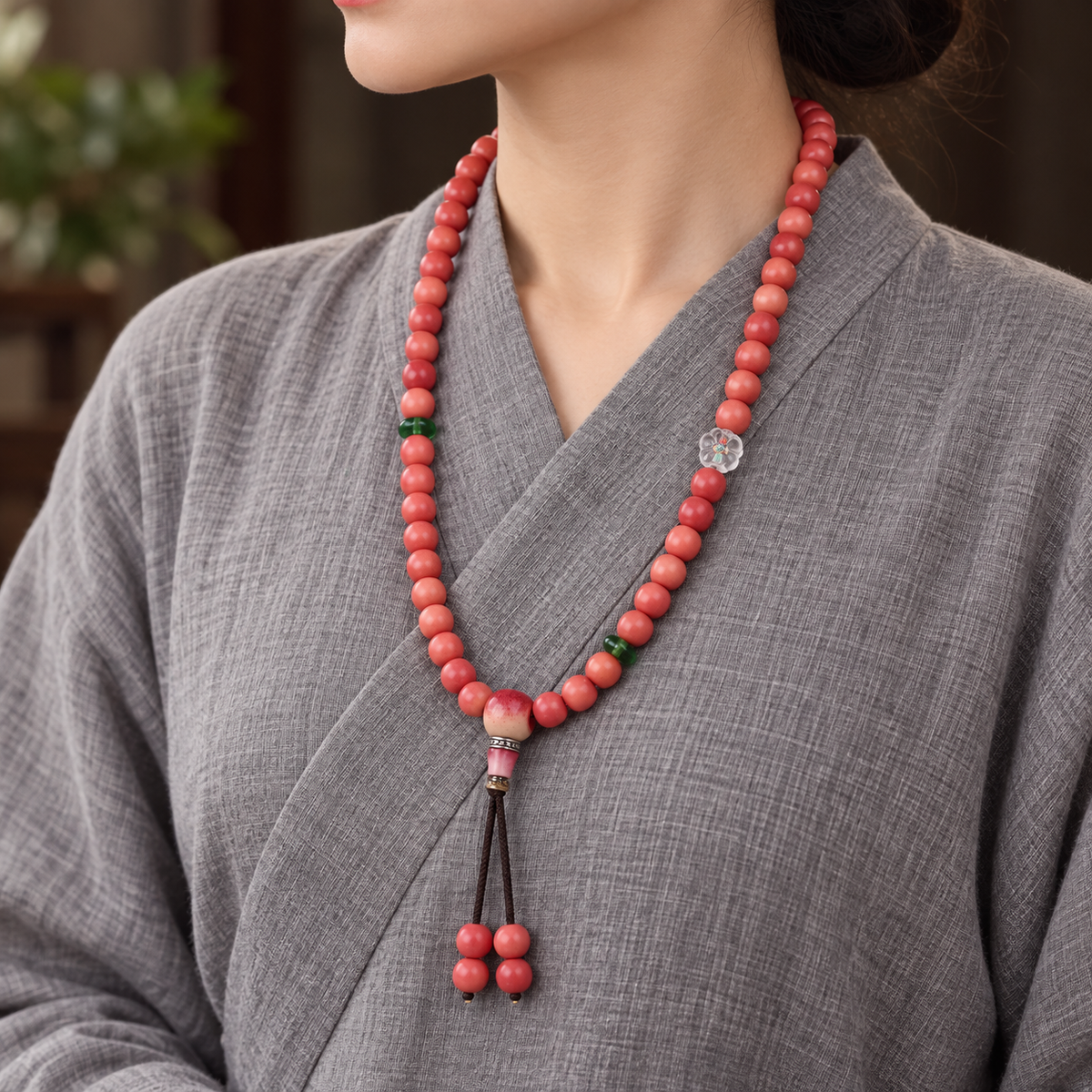 EverestArtstudios Natural Full-Blood Camel Bone 108-Bead Mala with Glass and Bone Guru Bead — linen side