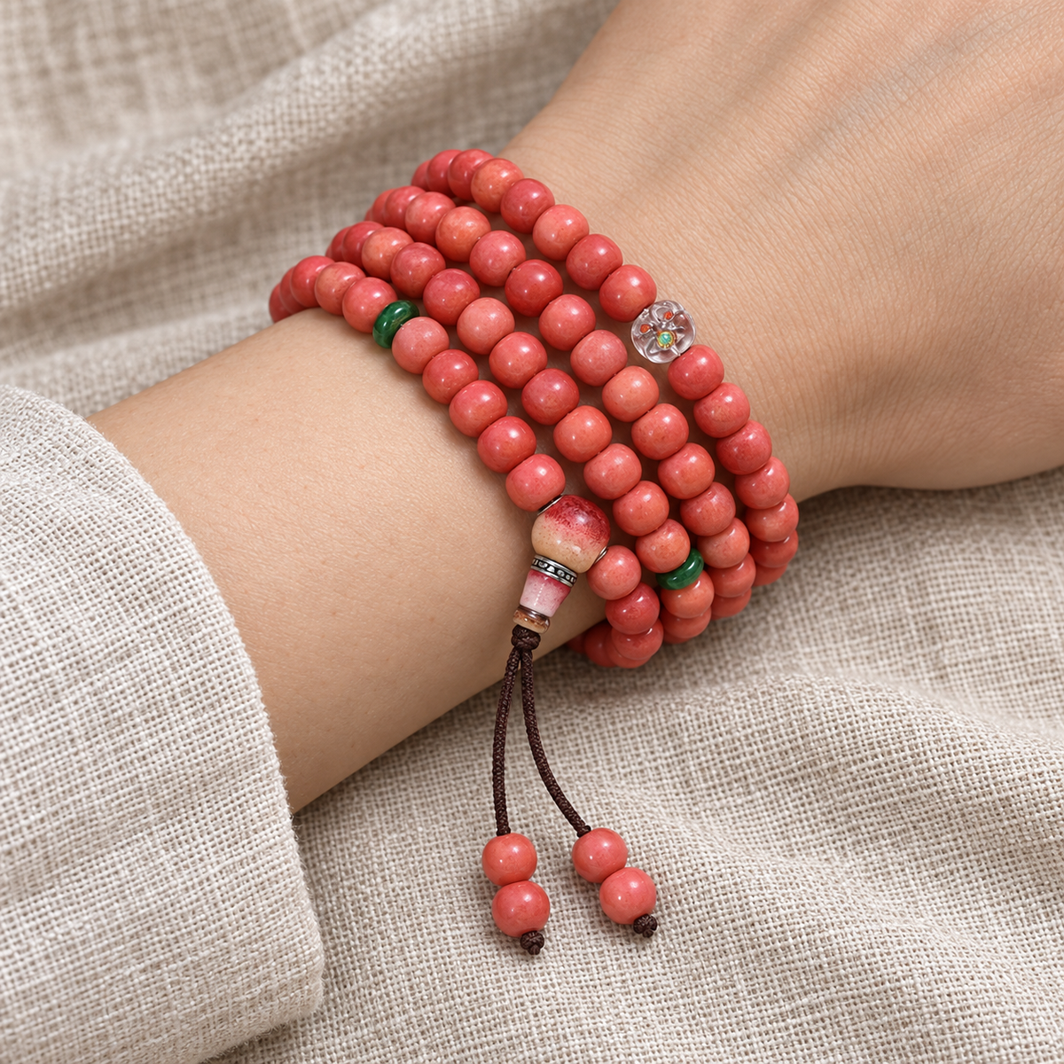 EverestArtstudios Natural Full-Blood Camel Bone 108-Bead Mala with Glass and Bone Guru Bead — wrist resting