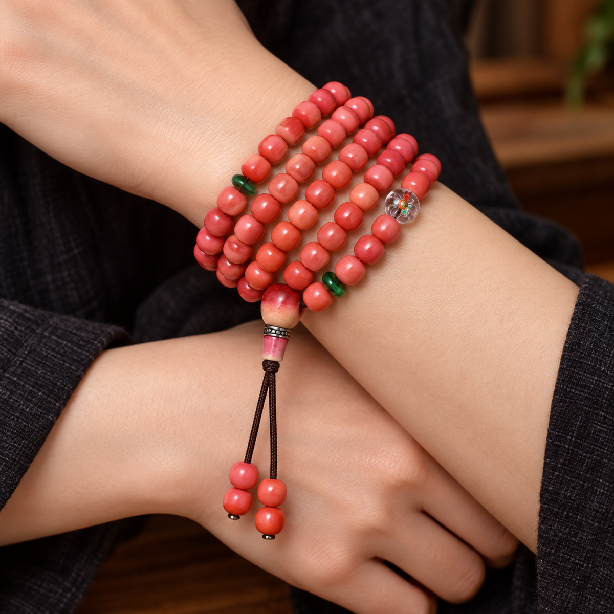 EverestArtstudios Natural Full-Blood Camel Bone 108-Bead Mala with Glass and Bone Guru Bead — wrist crossed