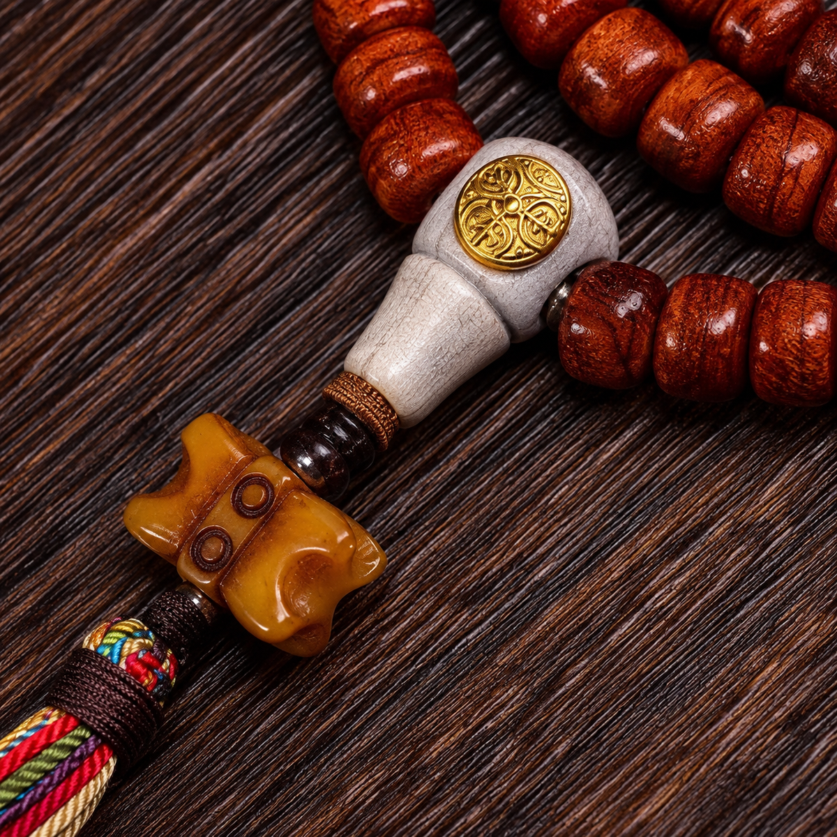 EverestArtstudios Tibetan Vintage Bone Barrel-Bead 108-Bead Mala Necklace — connection detail