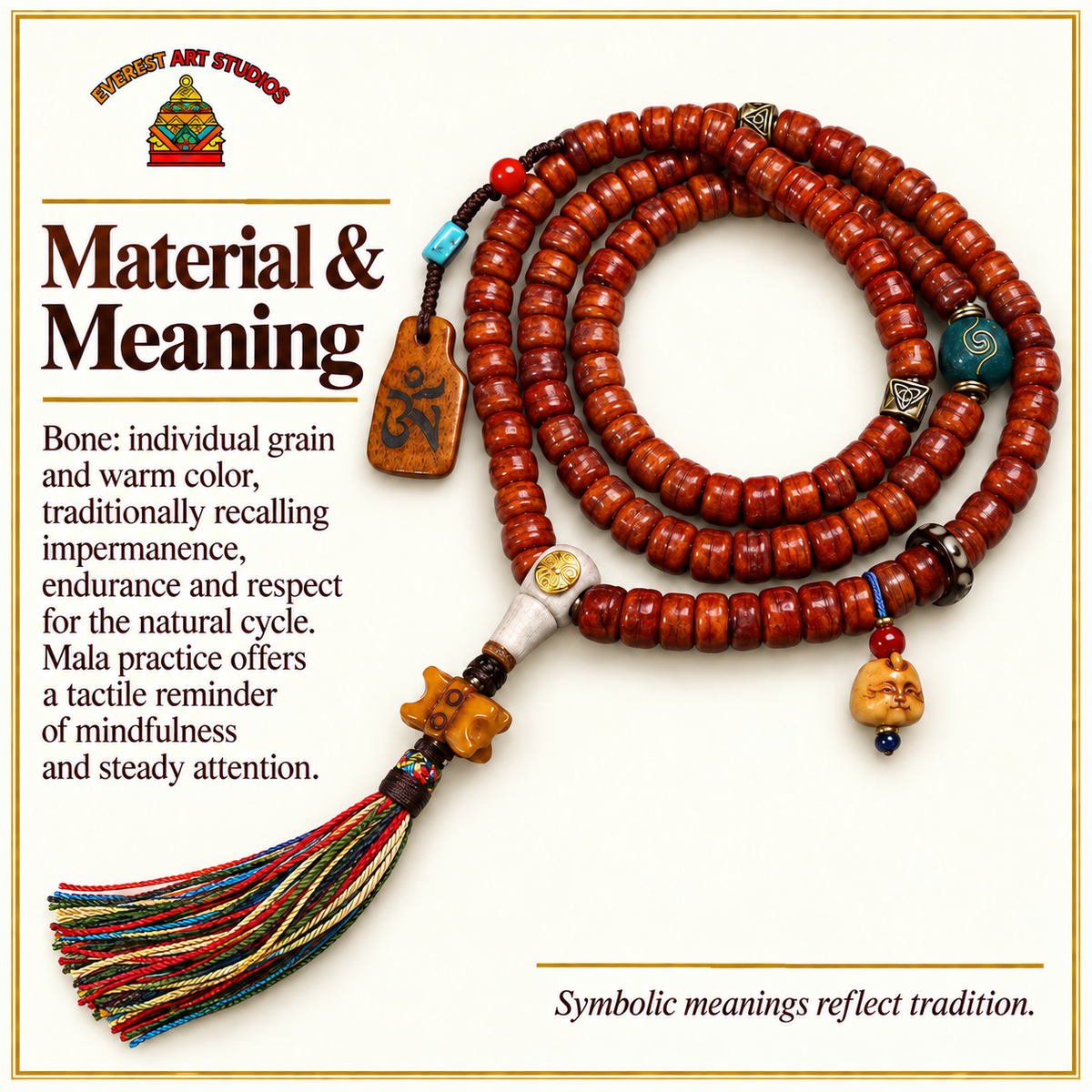 EverestArtstudios Tibetan Vintage Bone Barrel-Bead 108-Bead Mala Necklace — materials meaning