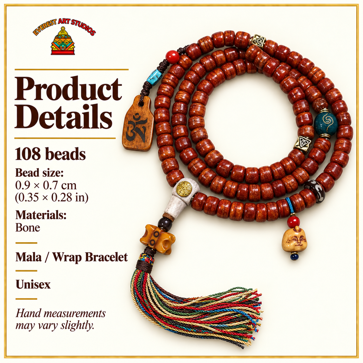 EverestArtstudios Tibetan Vintage Bone Barrel-Bead 108-Bead Mala Necklace — specifications