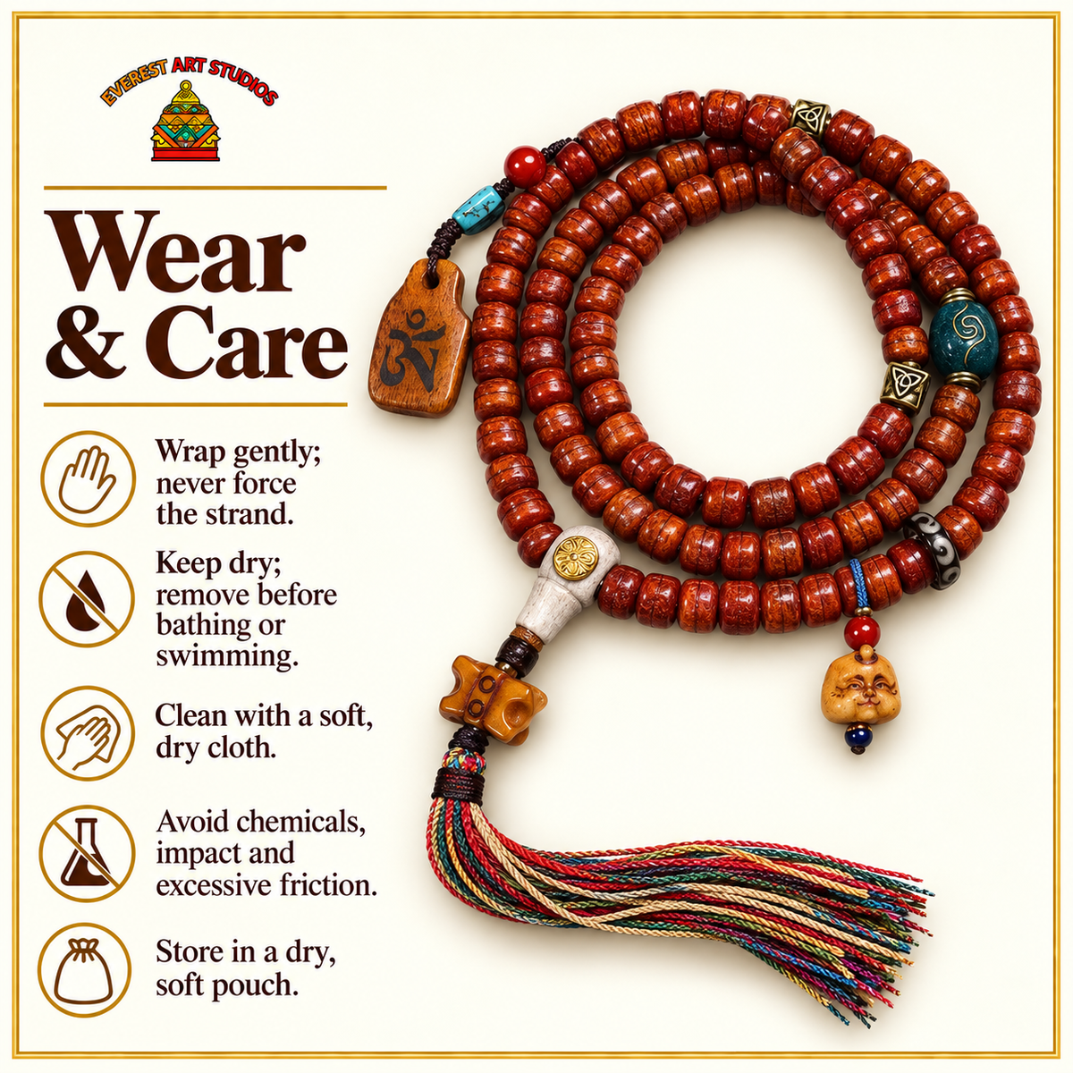 EverestArtstudios Tibetan Vintage Bone Barrel-Bead 108-Bead Mala Necklace — care