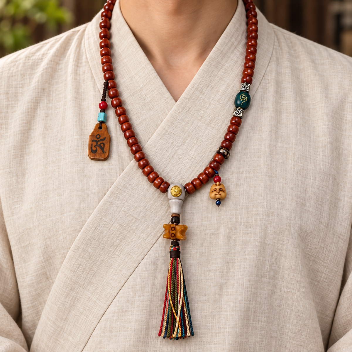 EverestArtstudios Tibetan Vintage Bone Barrel-Bead 108-Bead Mala Necklace — linen front