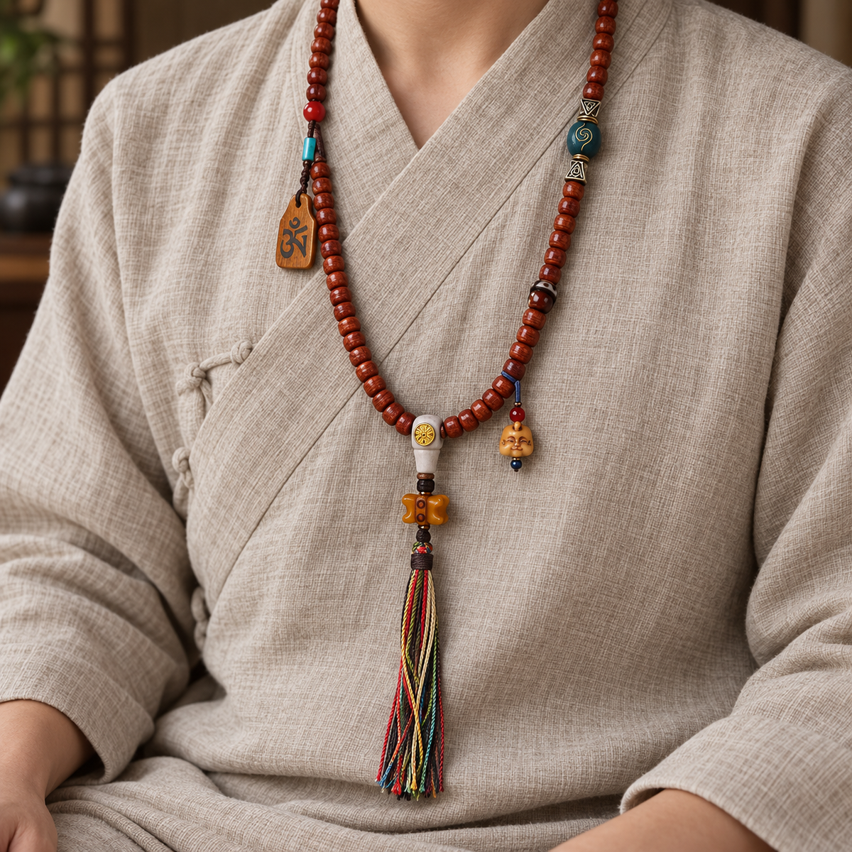 EverestArtstudios Tibetan Vintage Bone Barrel-Bead 108-Bead Mala Necklace — linen seated