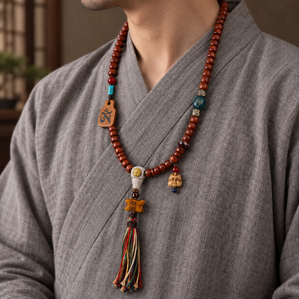 EverestArtstudios Tibetan Vintage Bone Barrel-Bead 108-Bead Mala Necklace — linen side