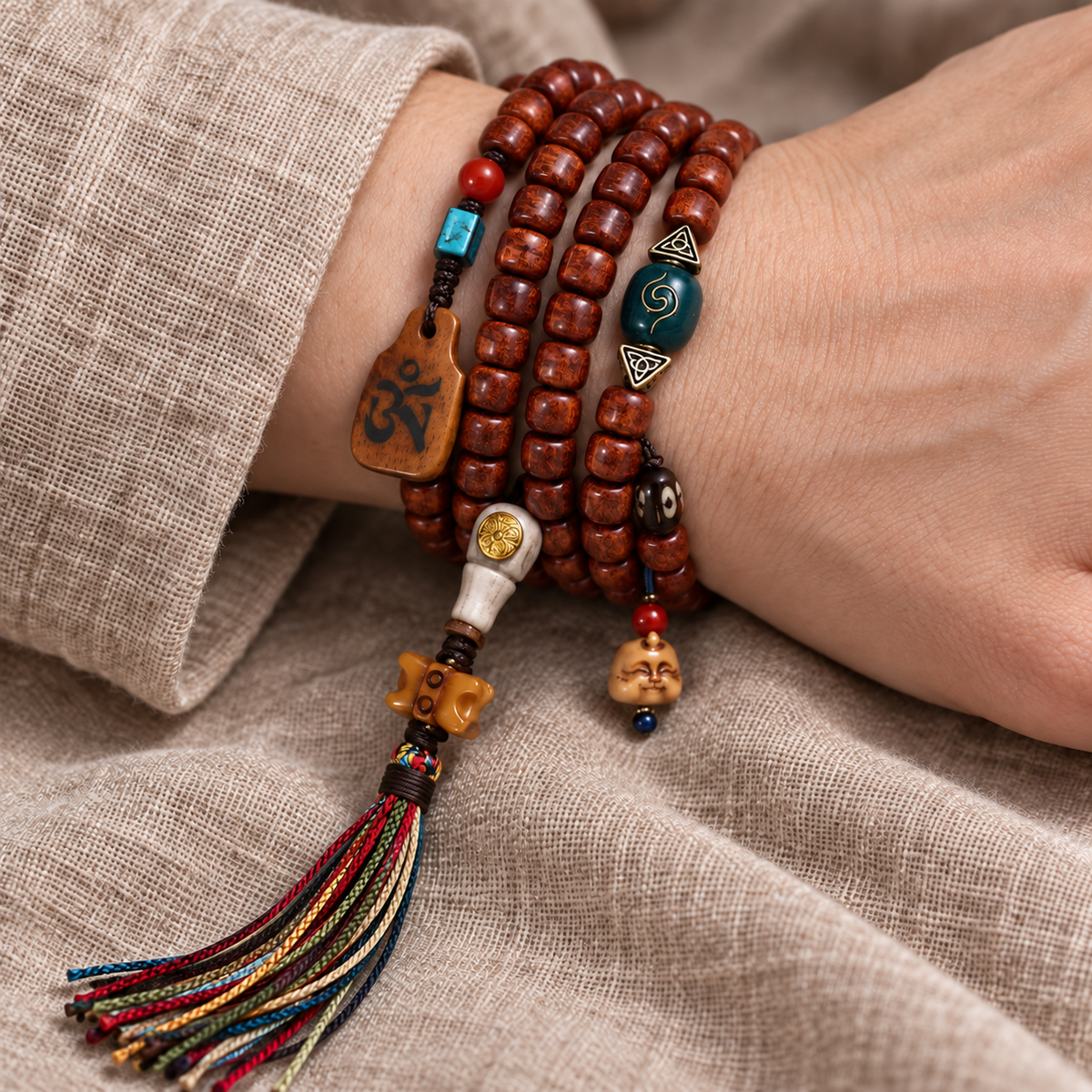 EverestArtstudios Tibetan Vintage Bone Barrel-Bead 108-Bead Mala Necklace — wrist resting
