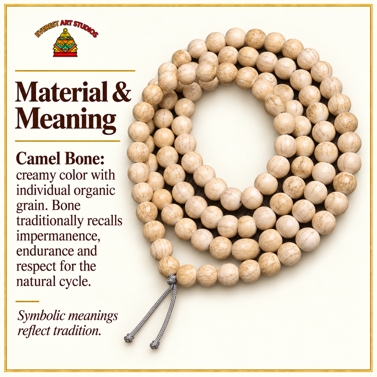 EverestArtstudios Aged Tibetan Camel Bone 108-Bead DIY Strand — materials meaning