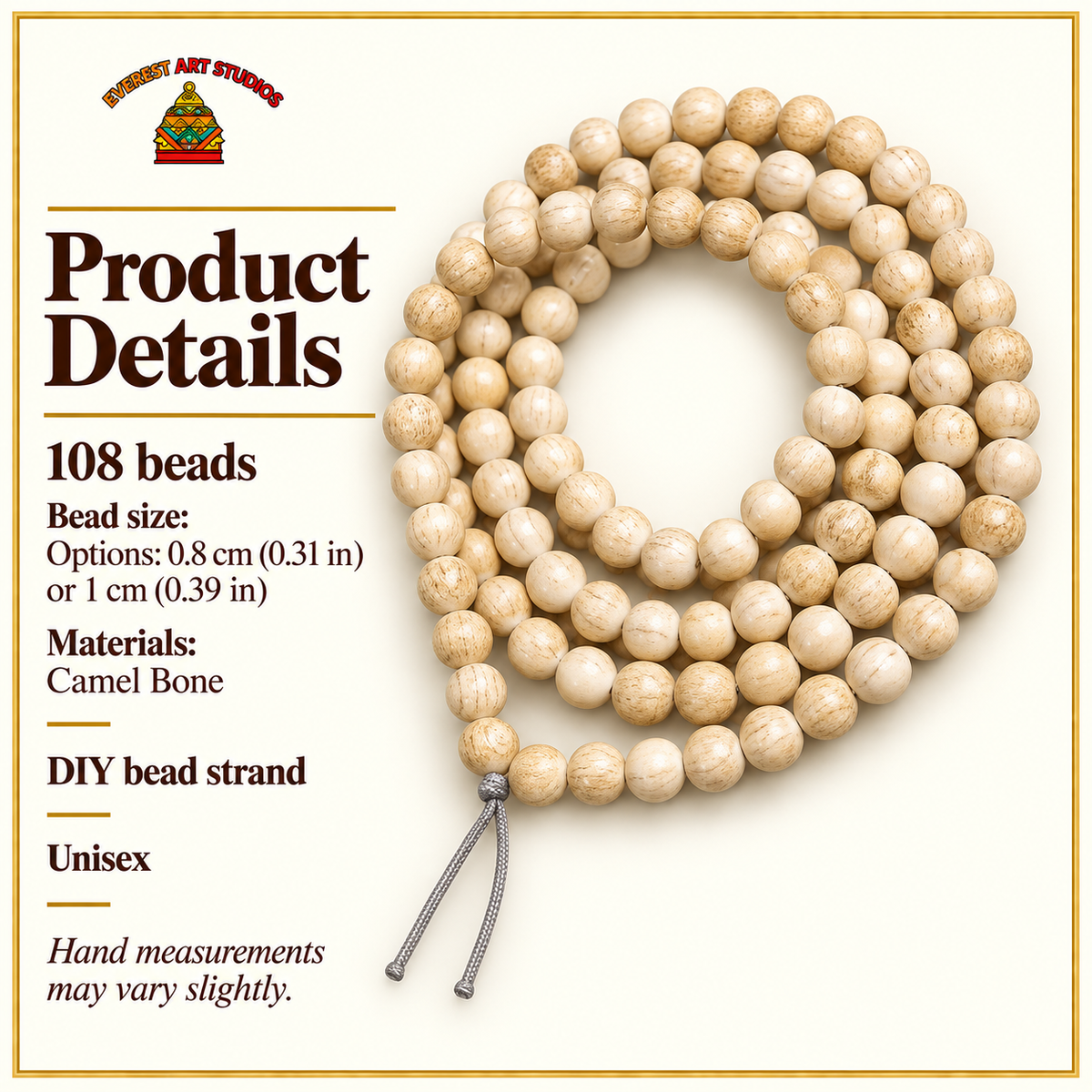 EverestArtstudios Aged Tibetan Camel Bone 108-Bead DIY Strand — specifications