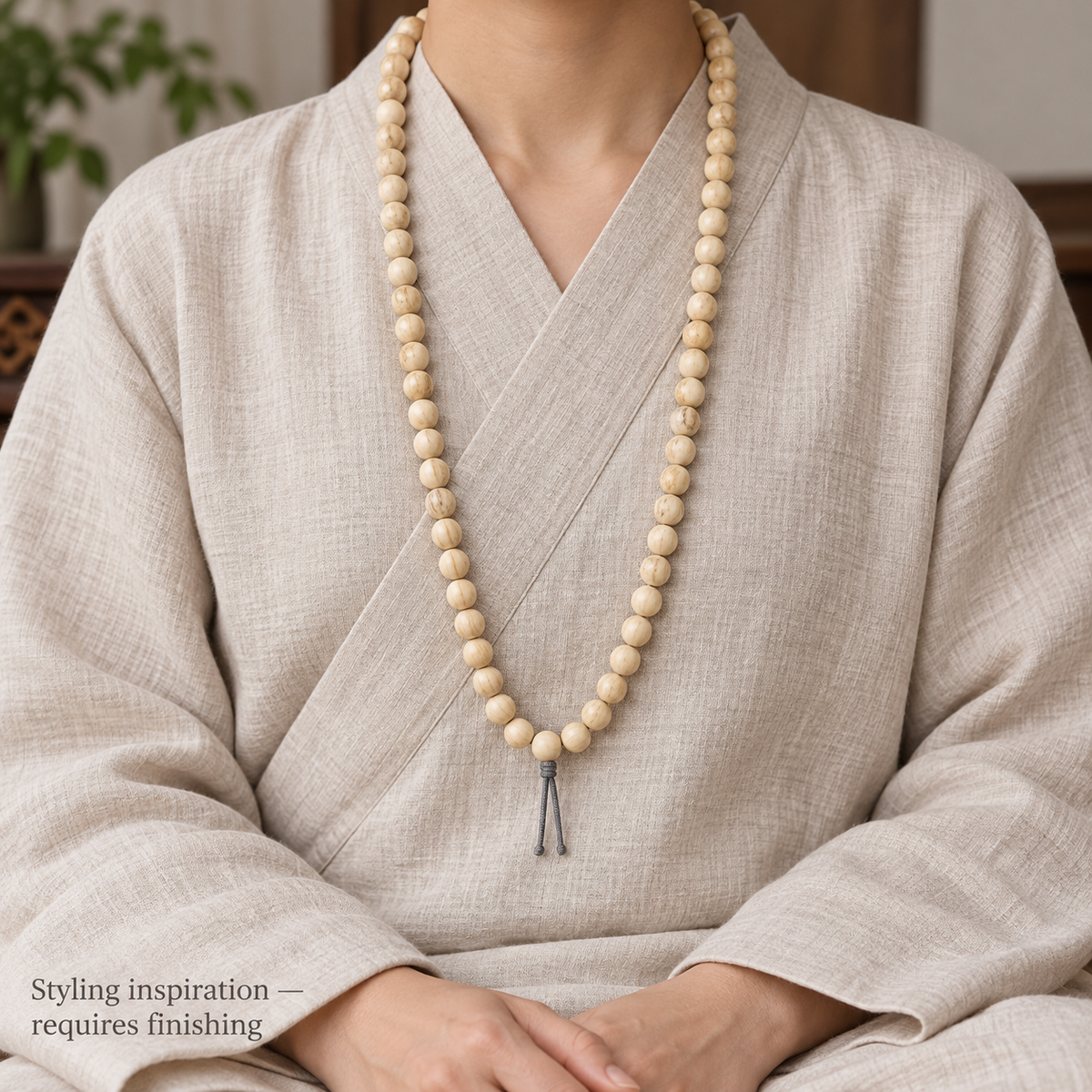 EverestArtstudios Aged Tibetan Camel Bone 108-Bead DIY Strand — linen seated