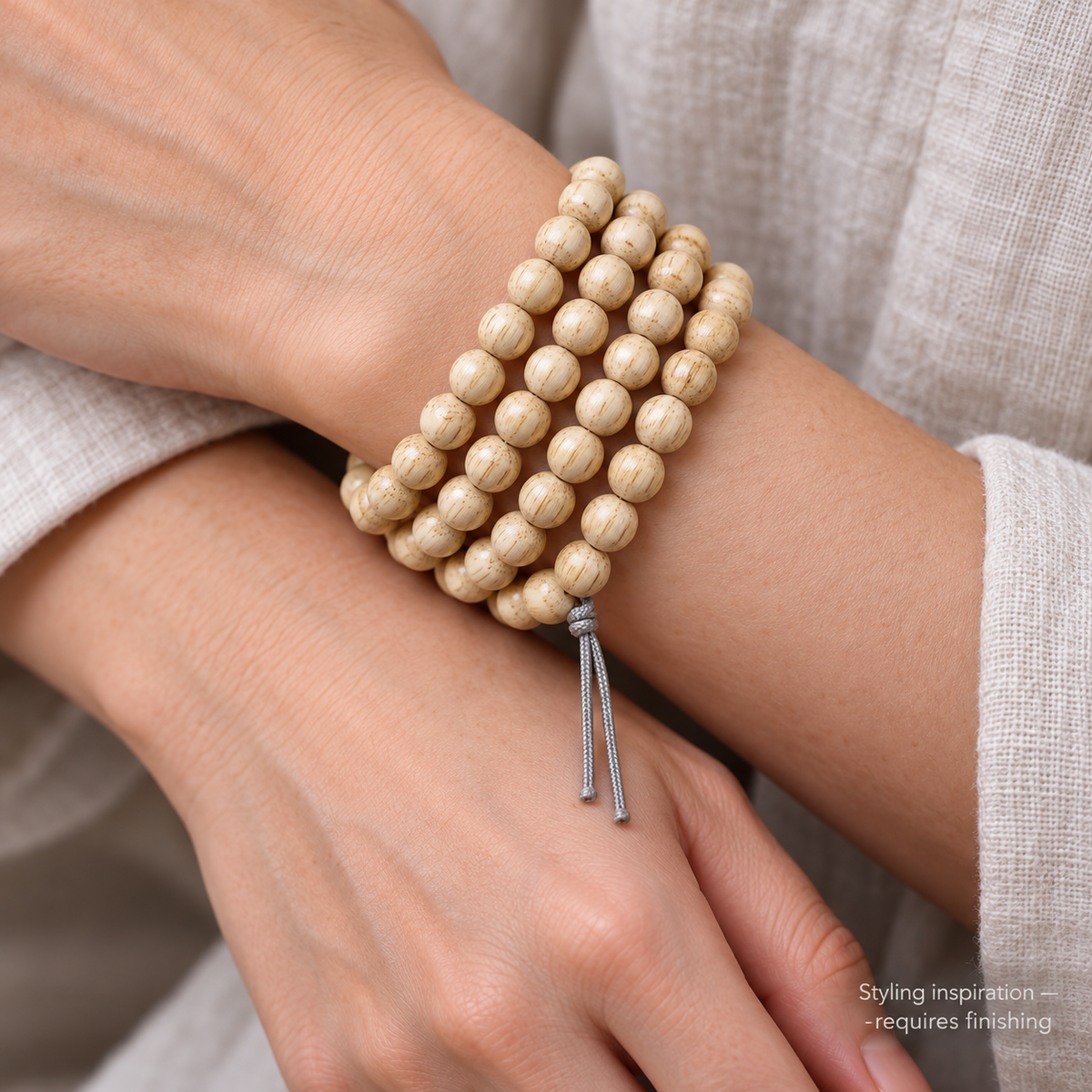 EverestArtstudios Aged Tibetan Camel Bone 108-Bead DIY Strand — wrist crossed