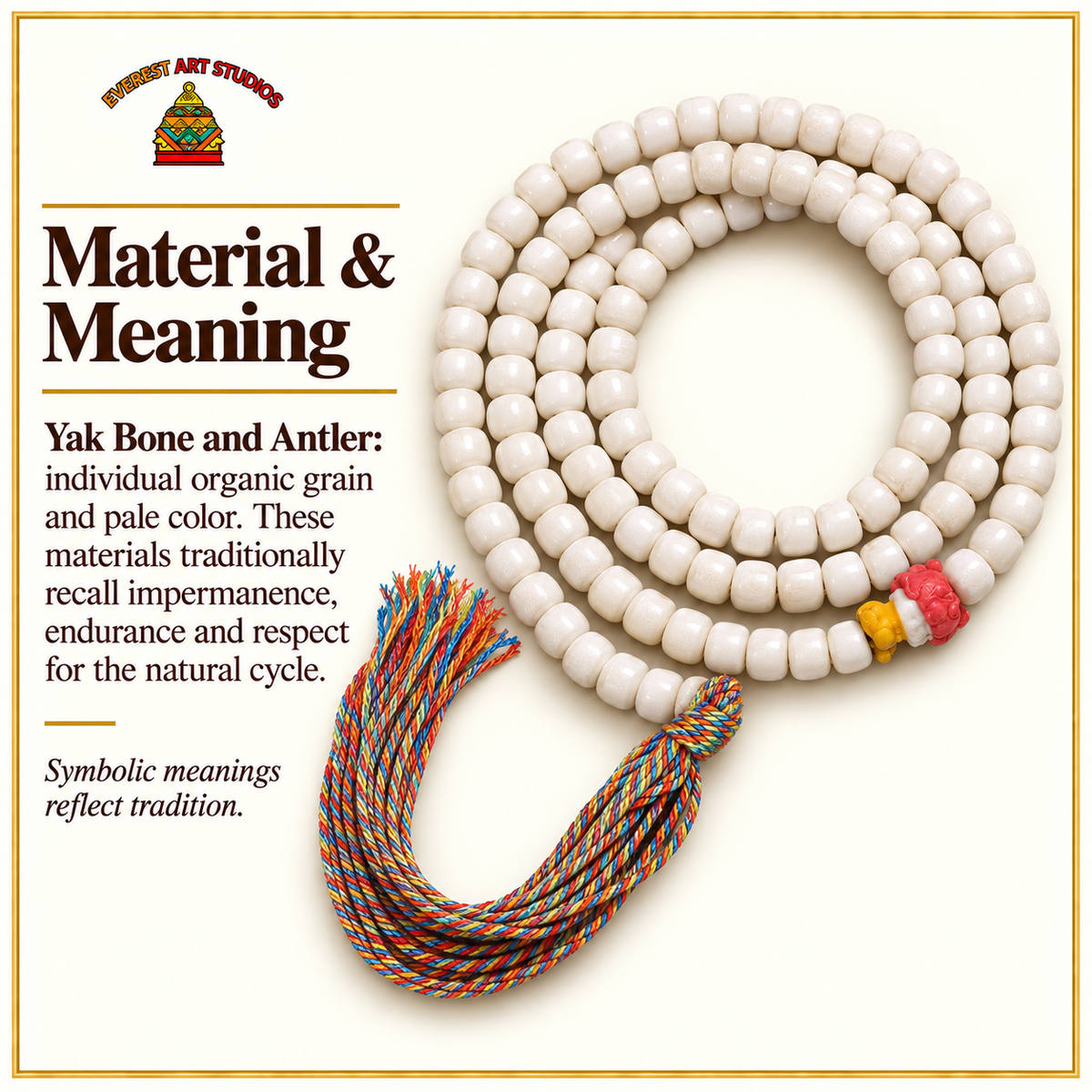 EverestArtstudios Natural Yak Bone 108-Bead Mala with Antler Accents — materials meaning