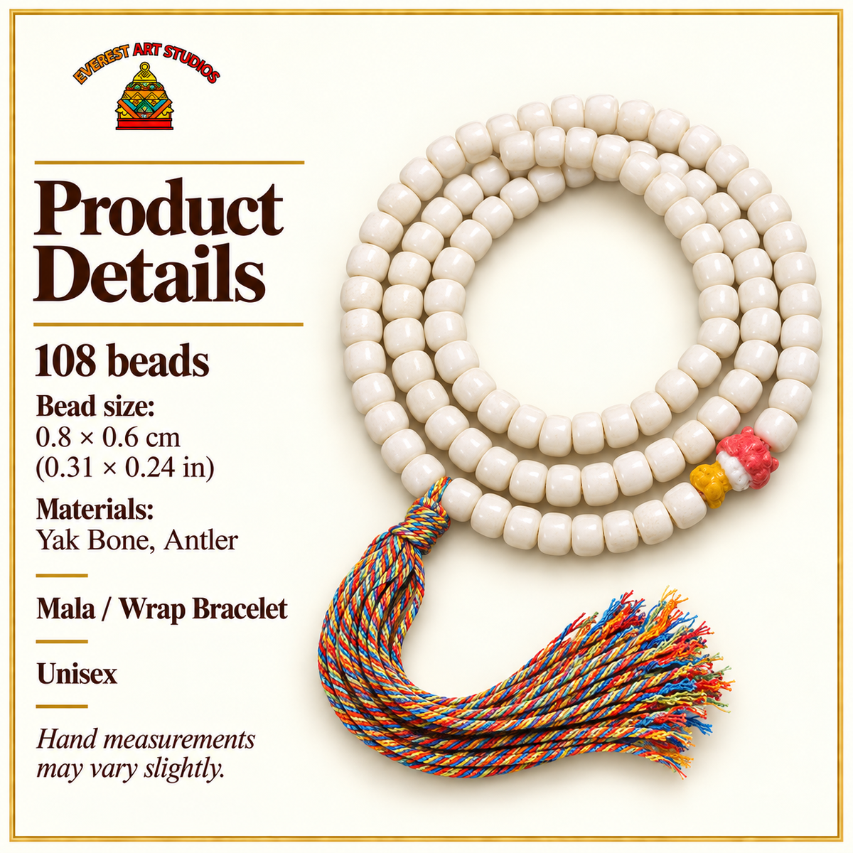 EverestArtstudios Natural Yak Bone 108-Bead Mala with Antler Accents — specifications
