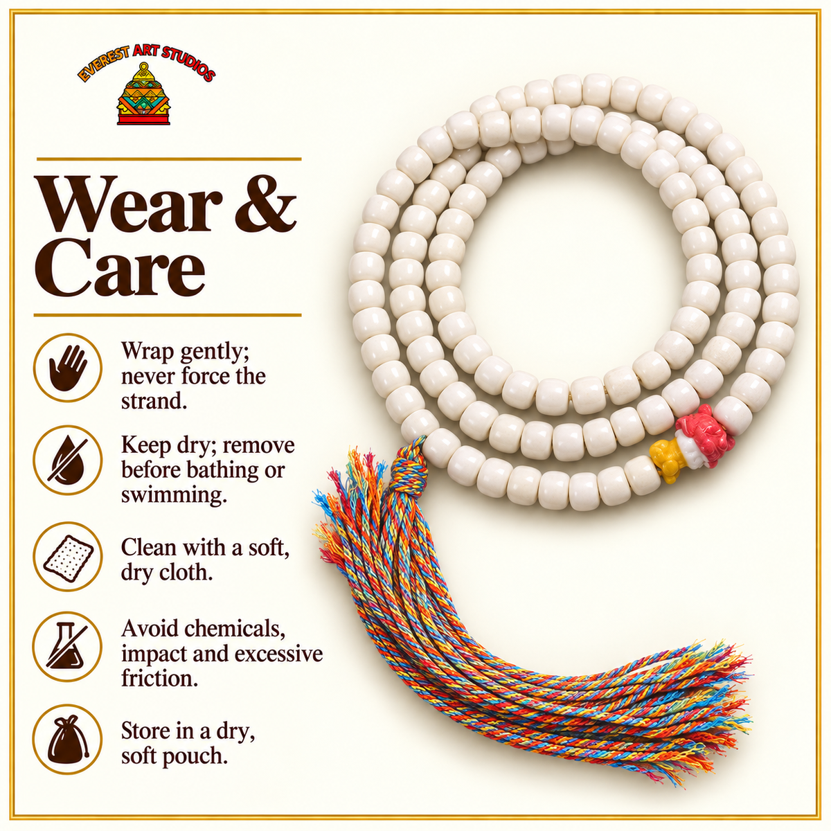 EverestArtstudios Natural Yak Bone 108-Bead Mala with Antler Accents — care