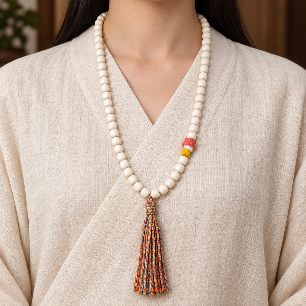 EverestArtstudios Natural Yak Bone 108-Bead Mala with Antler Accents — linen front