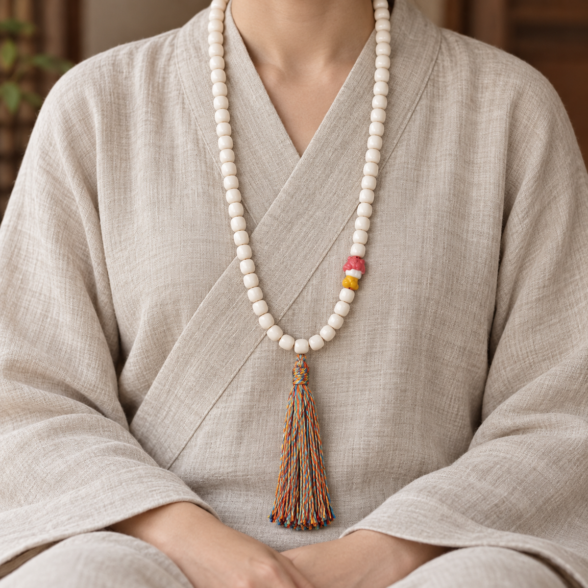 EverestArtstudios Natural Yak Bone 108-Bead Mala with Antler Accents — linen seated