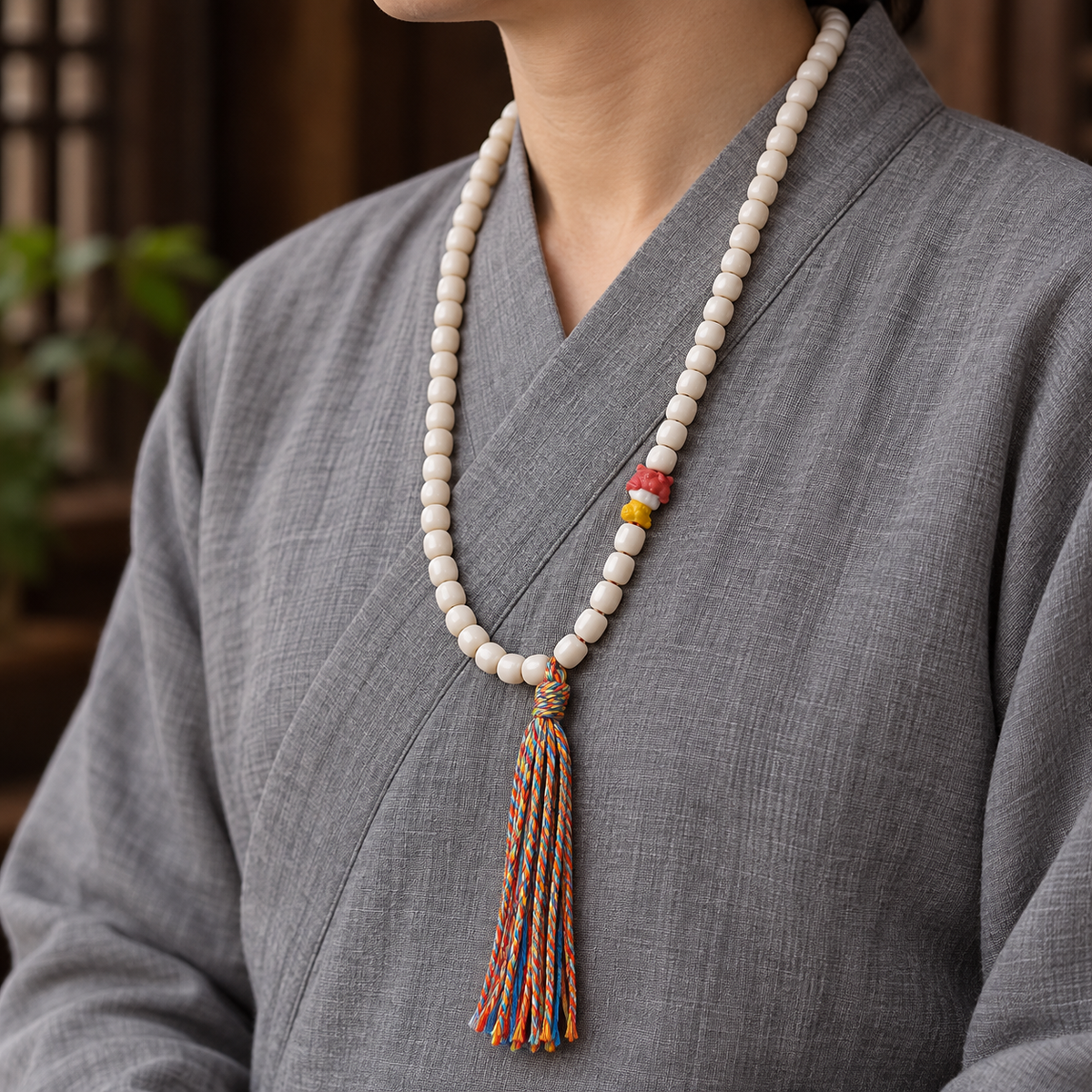 EverestArtstudios Natural Yak Bone 108-Bead Mala with Antler Accents — linen side