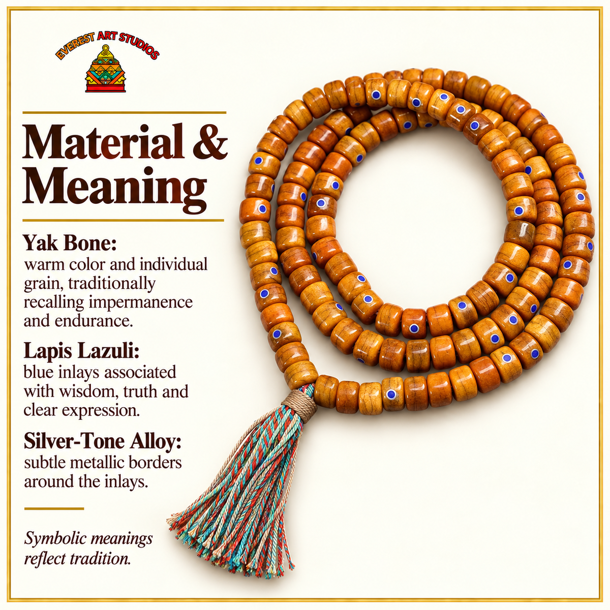EverestArtstudios Tibetan Vintage Yak Bone Silver-Tone Lapis Inlay 108-Bead Mala — materials meaning