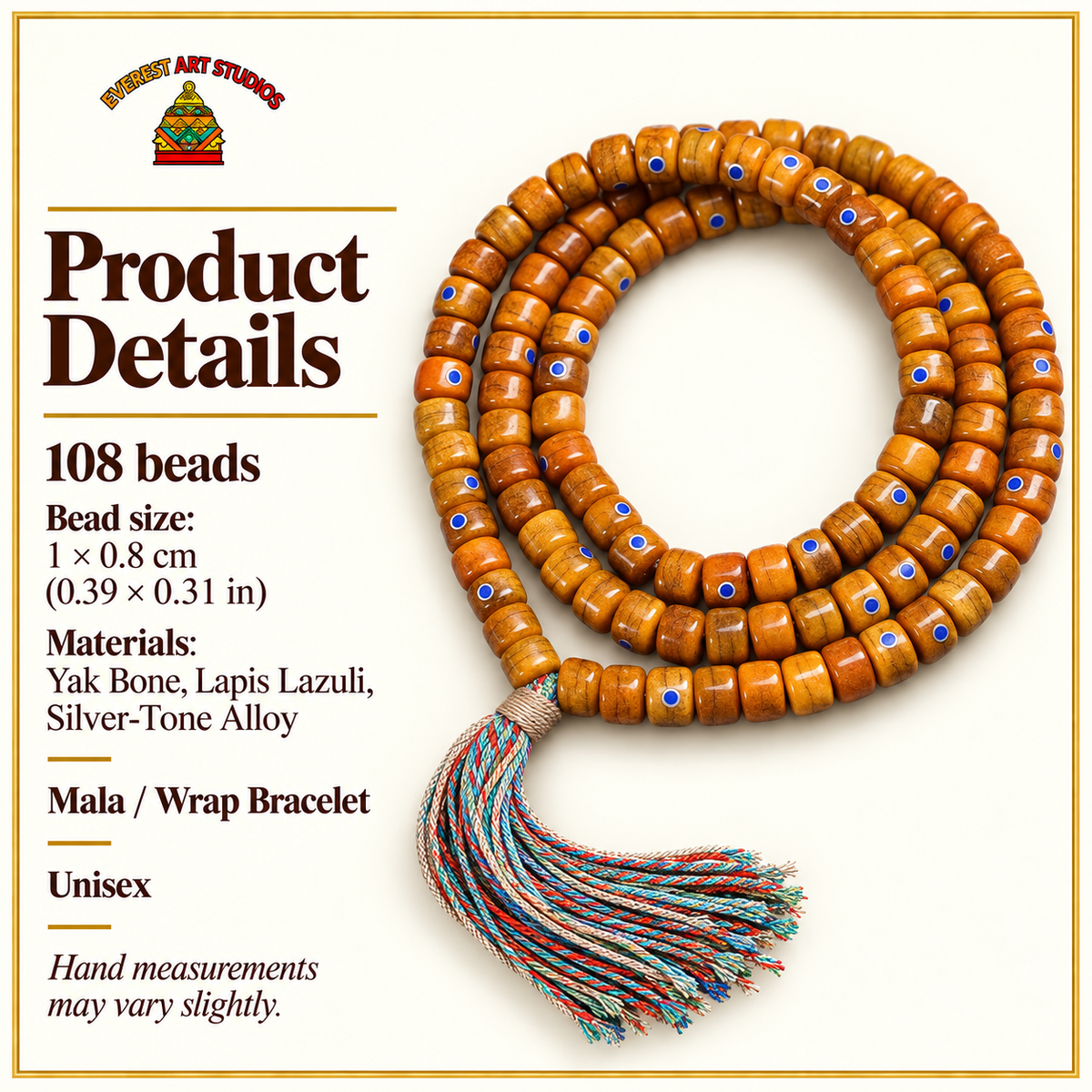 EverestArtstudios Tibetan Vintage Yak Bone Silver-Tone Lapis Inlay 108-Bead Mala — specifications
