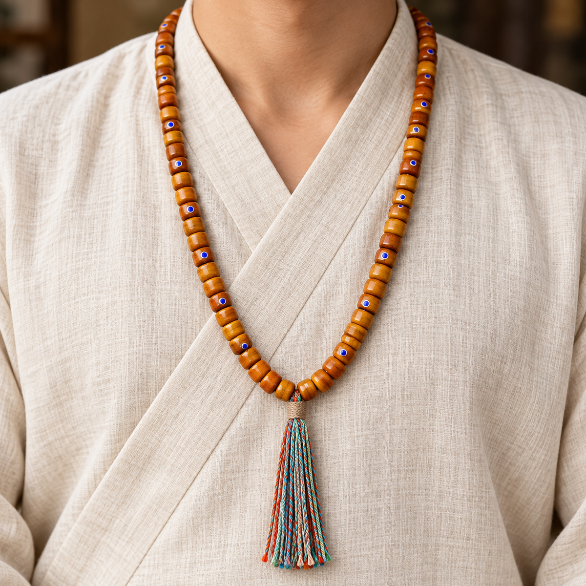 EverestArtstudios Tibetan Vintage Yak Bone Silver-Tone Lapis Inlay 108-Bead Mala — linen front