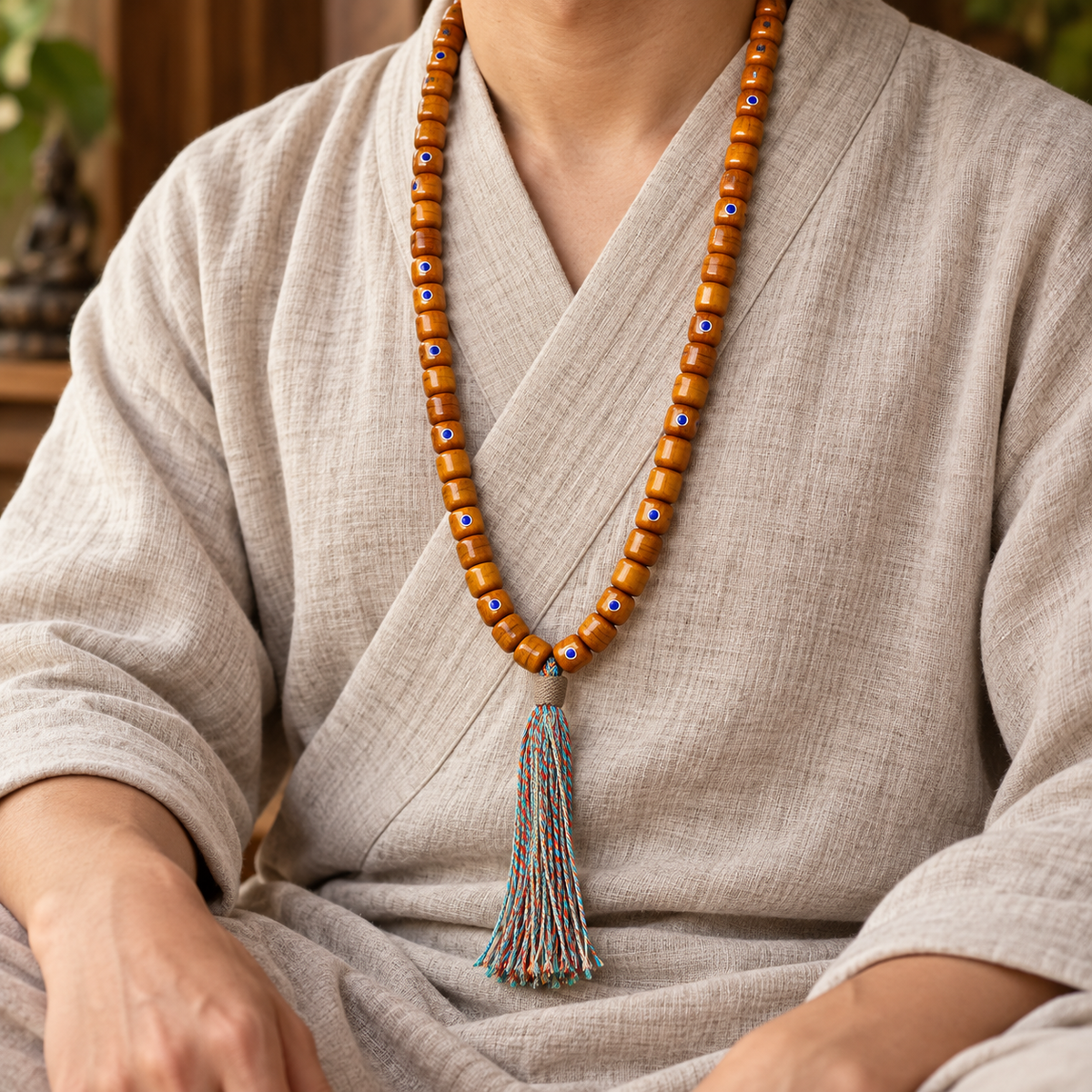 EverestArtstudios Tibetan Vintage Yak Bone Silver-Tone Lapis Inlay 108-Bead Mala — linen seated