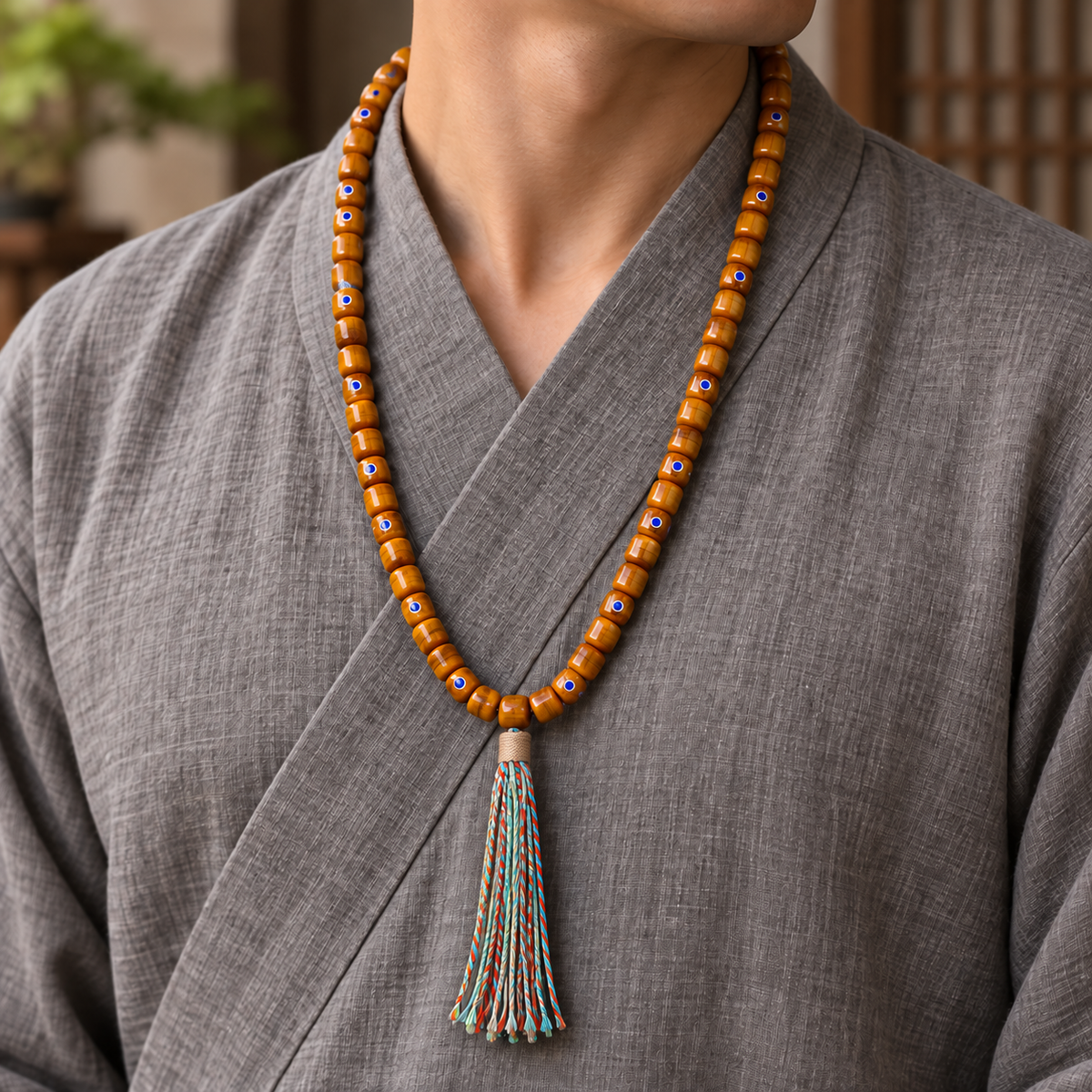 EverestArtstudios Tibetan Vintage Yak Bone Silver-Tone Lapis Inlay 108-Bead Mala — linen side