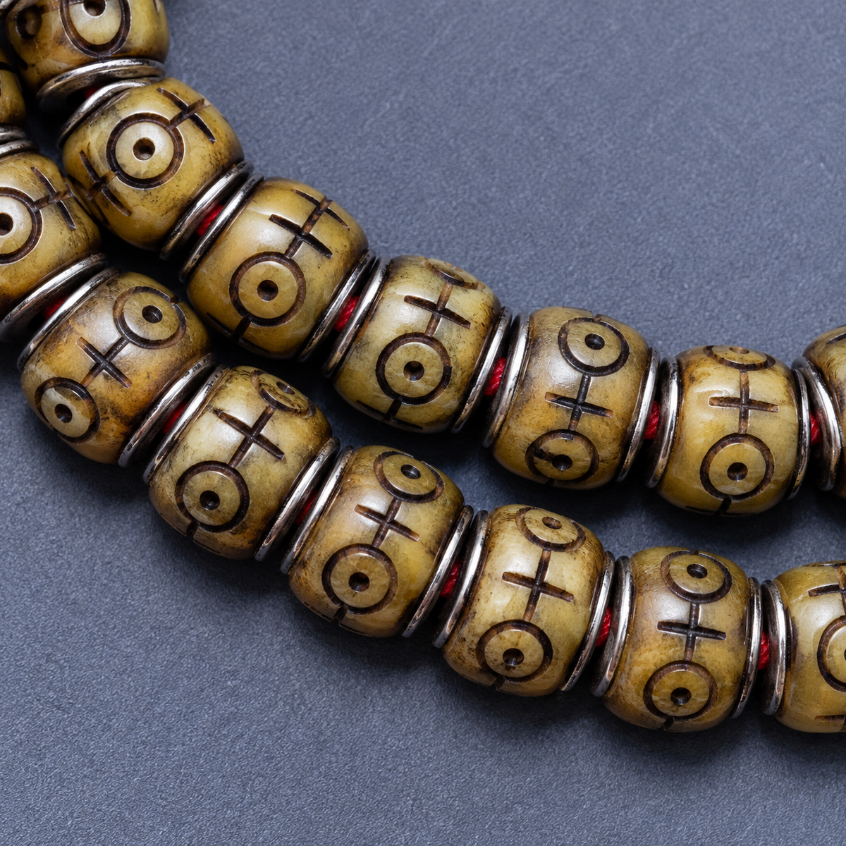 EverestArtstudios Natural Camel Bone Silver-Tone Inlay 108-Bead DIY Strand — bead detail
