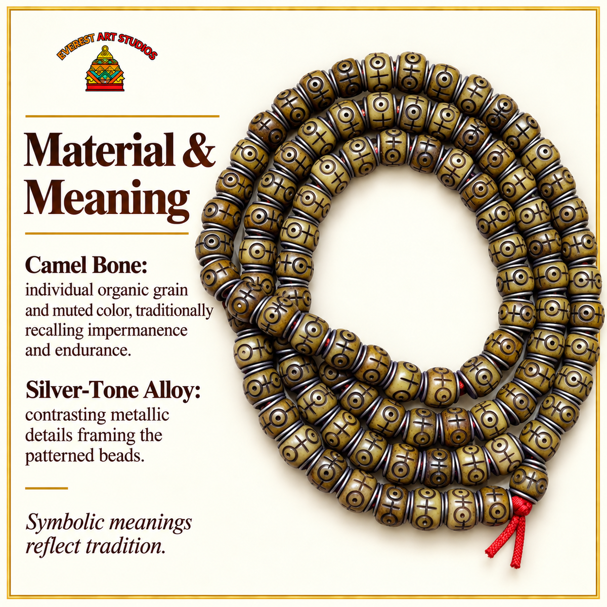 EverestArtstudios Natural Camel Bone Silver-Tone Inlay 108-Bead DIY Strand — materials meaning