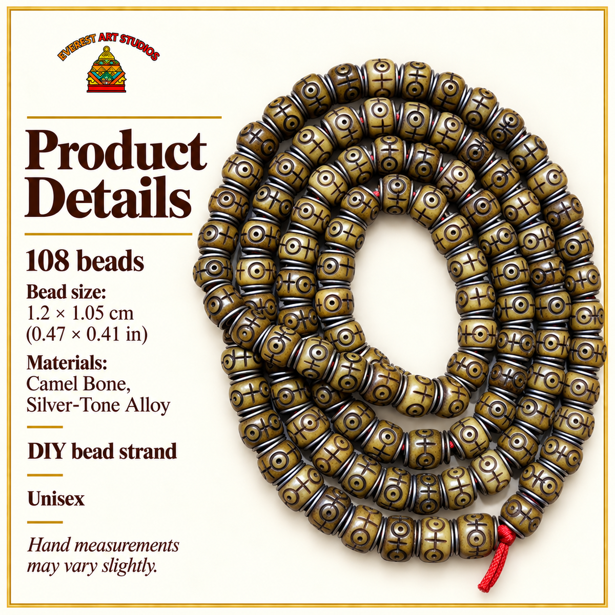 EverestArtstudios Natural Camel Bone Silver-Tone Inlay 108-Bead DIY Strand — specifications