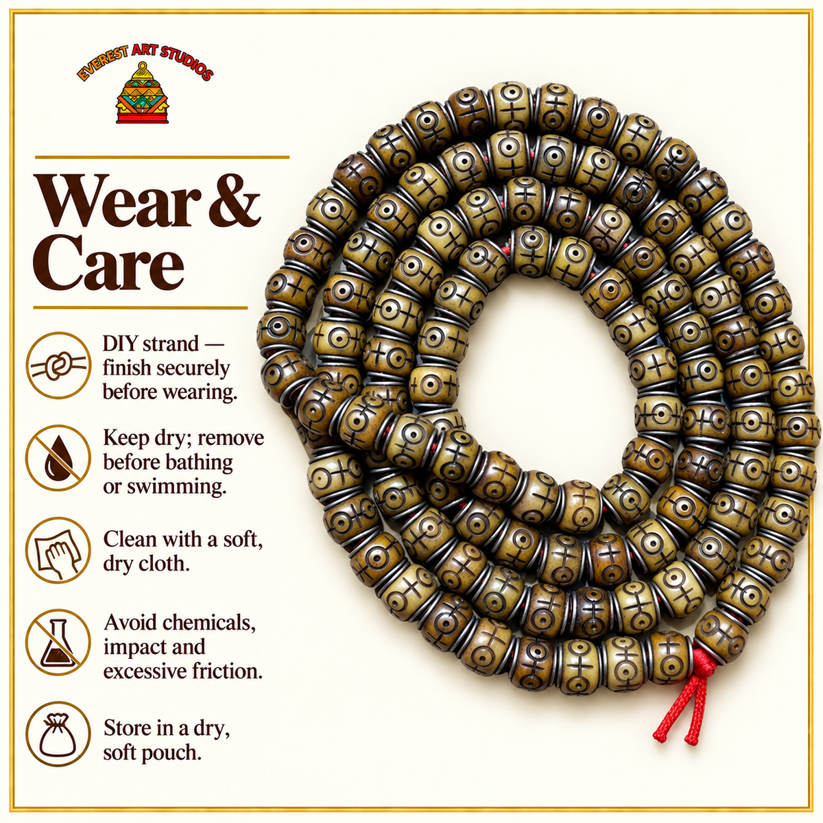 EverestArtstudios Natural Camel Bone Silver-Tone Inlay 108-Bead DIY Strand — care