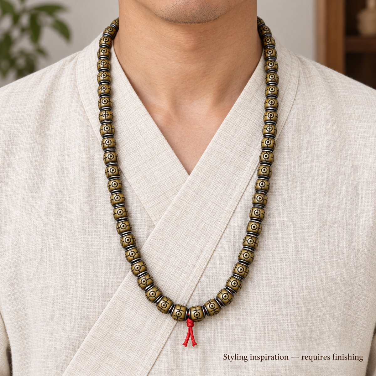 EverestArtstudios Natural Camel Bone Silver-Tone Inlay 108-Bead DIY Strand — linen front