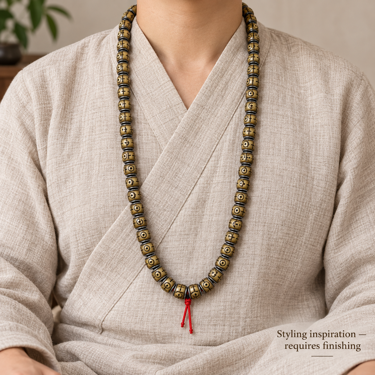 EverestArtstudios Natural Camel Bone Silver-Tone Inlay 108-Bead DIY Strand — linen seated