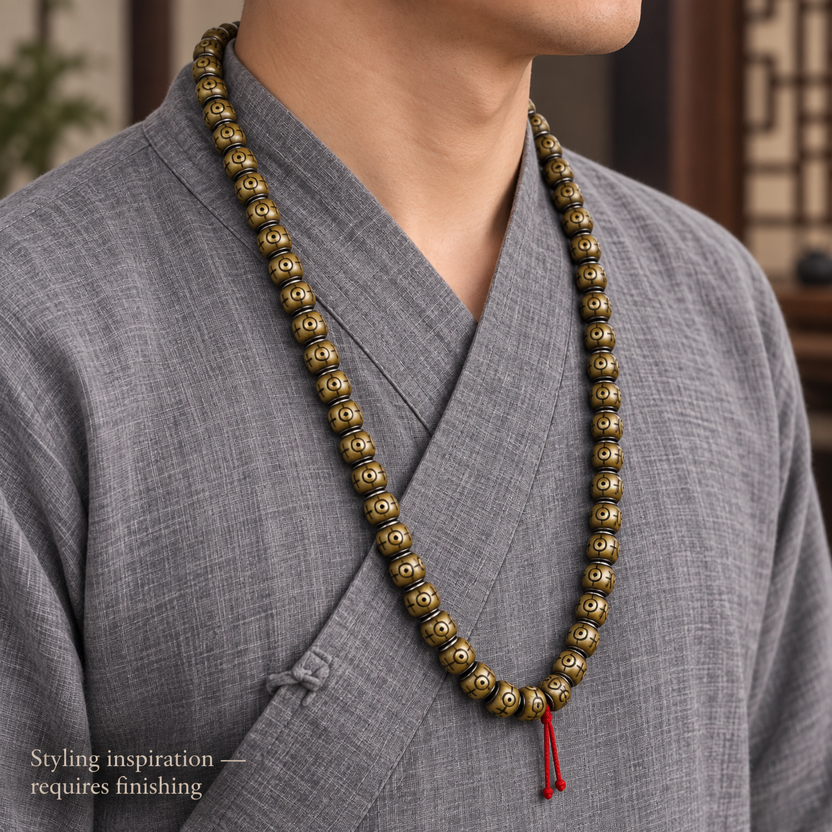 EverestArtstudios Natural Camel Bone Silver-Tone Inlay 108-Bead DIY Strand — linen side