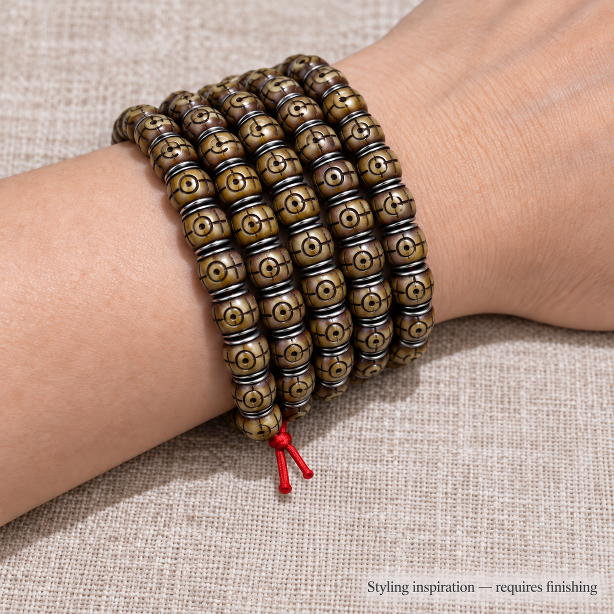 EverestArtstudios Natural Camel Bone Silver-Tone Inlay 108-Bead DIY Strand — wrist resting