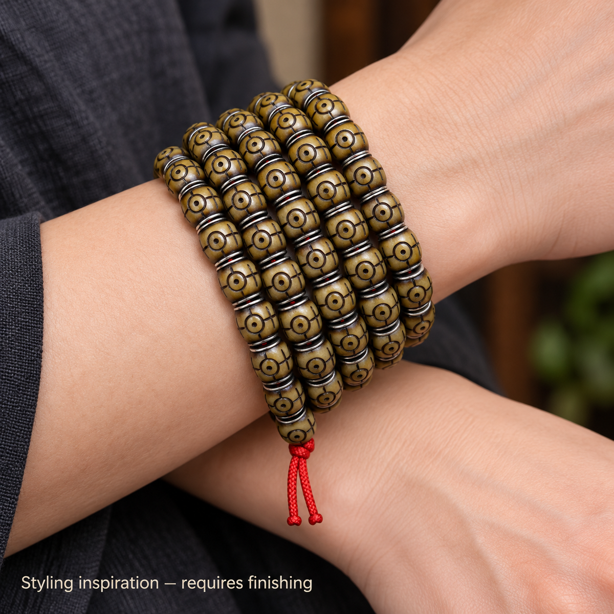 EverestArtstudios Natural Camel Bone Silver-Tone Inlay 108-Bead DIY Strand — wrist crossed
