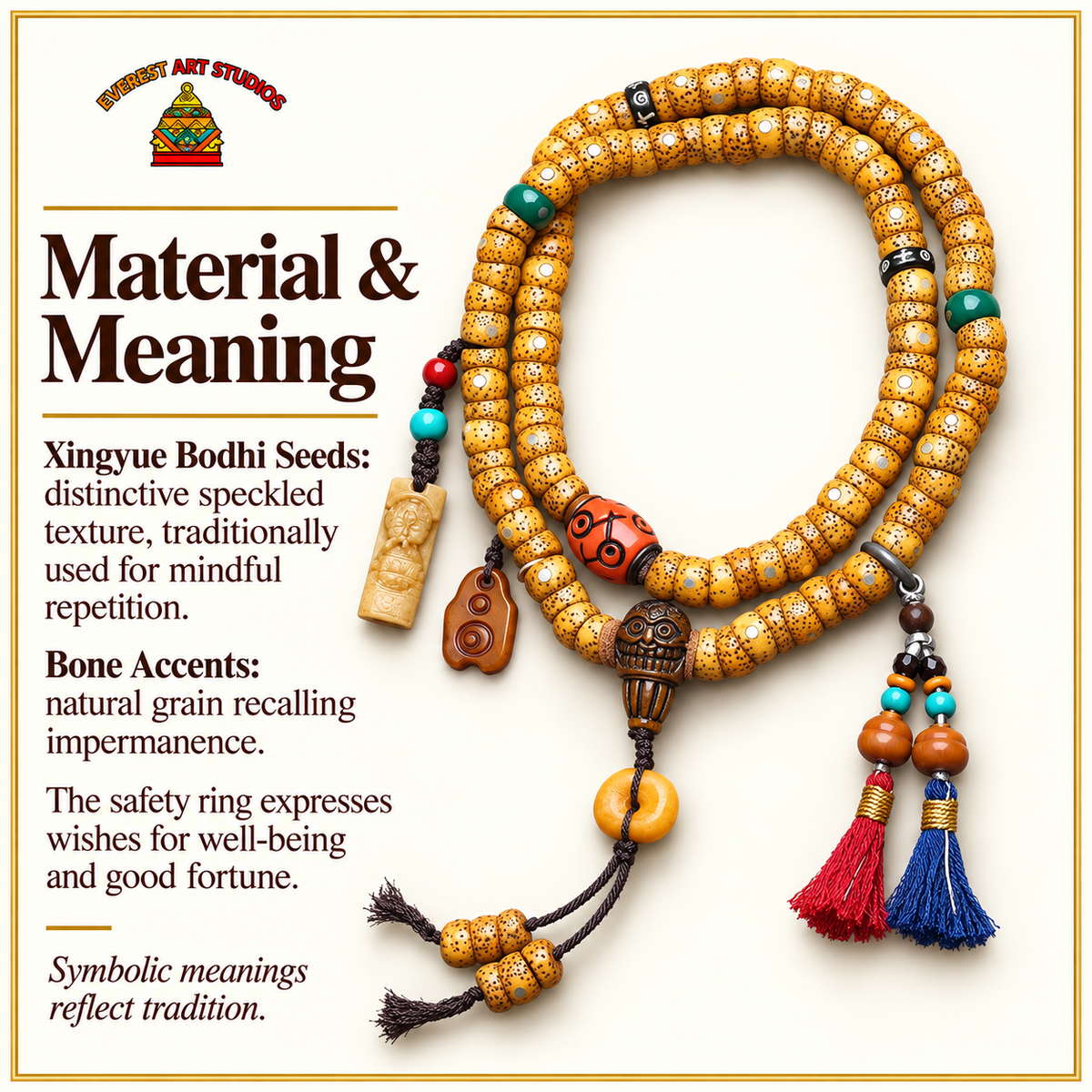 EverestArtstudios Xingyue Bodhi 108-Bead Mala with Bone and Safety Ring Accents — materials meaning