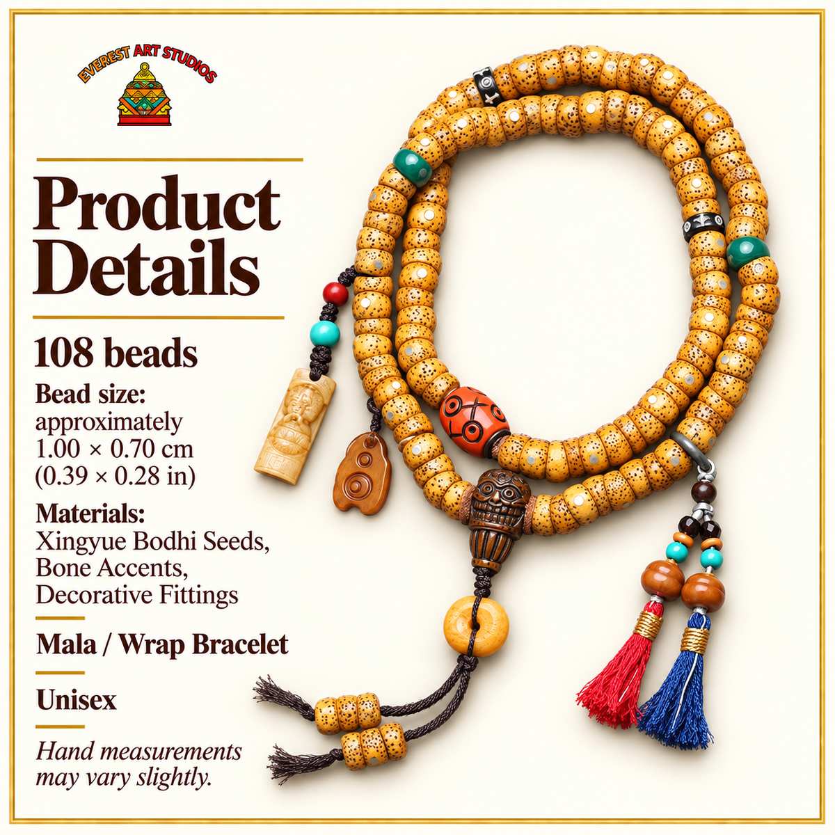 EverestArtstudios Xingyue Bodhi 108-Bead Mala with Bone and Safety Ring Accents — specifications
